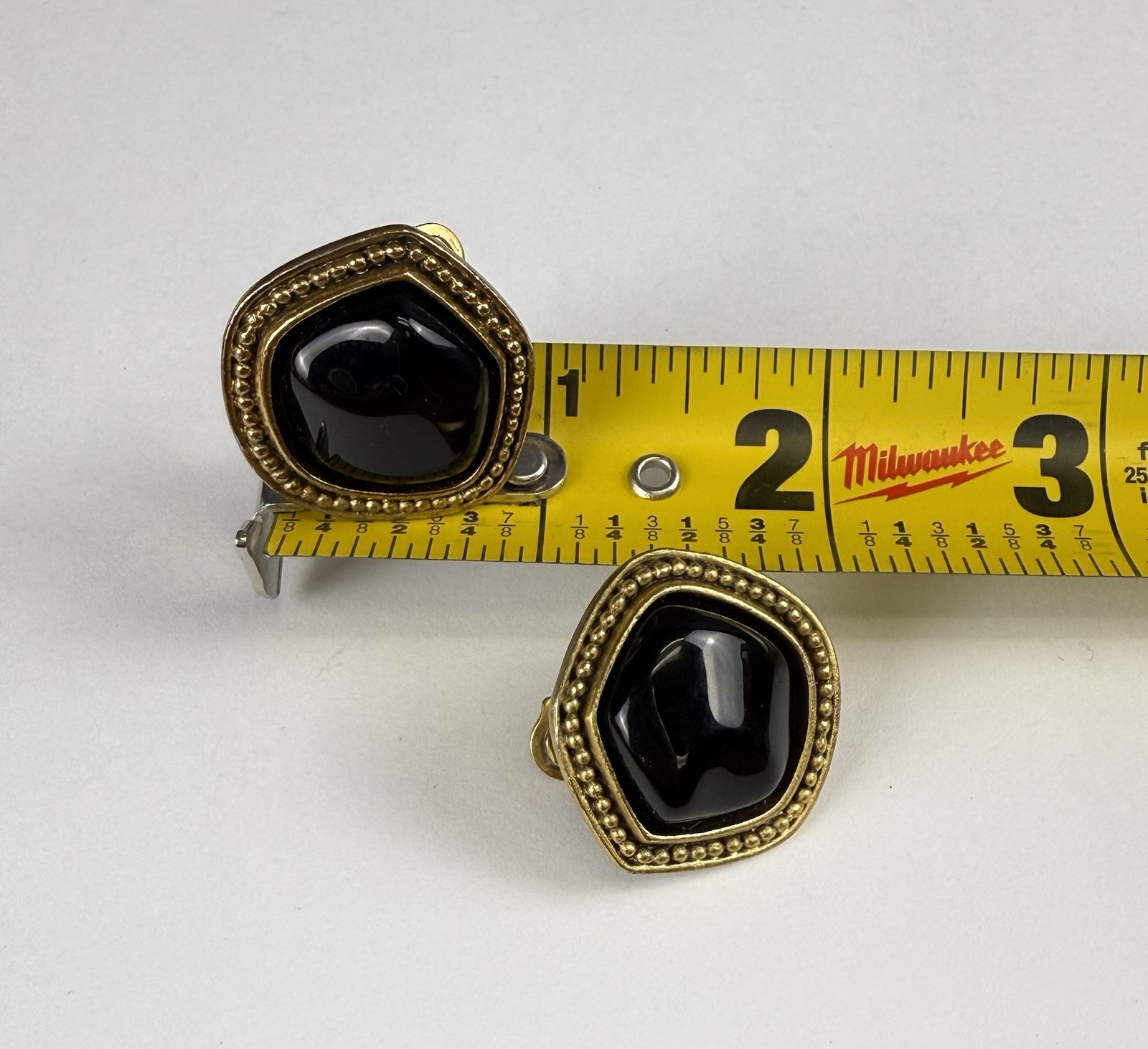 Vtg Yves Saint Laurent Square Enamel Clip-On Earrings Black Signed YSL
