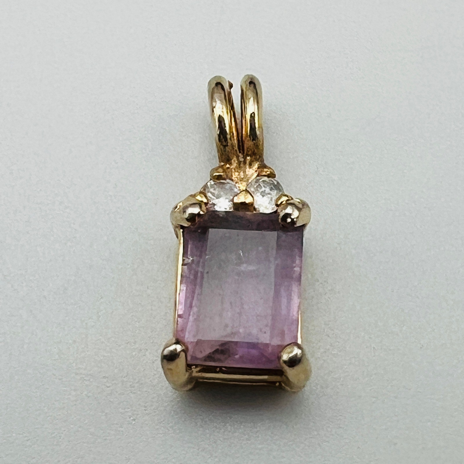 Gold Filled Amethyst Pendant Emerald Cut Purple and Clear Stone Clear Accent