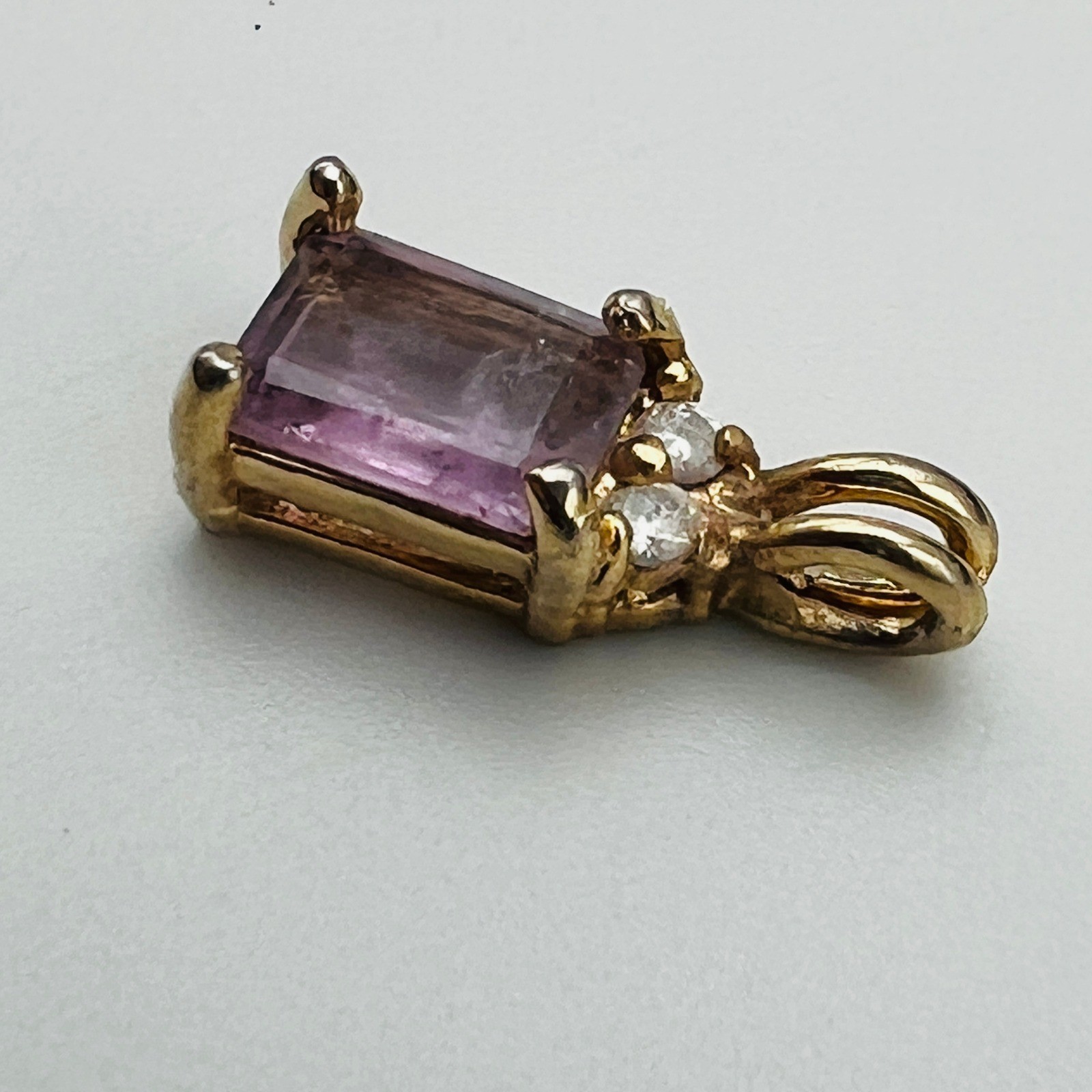 Gold Filled Amethyst Pendant Emerald Cut Purple and Clear Stone Clear Accent