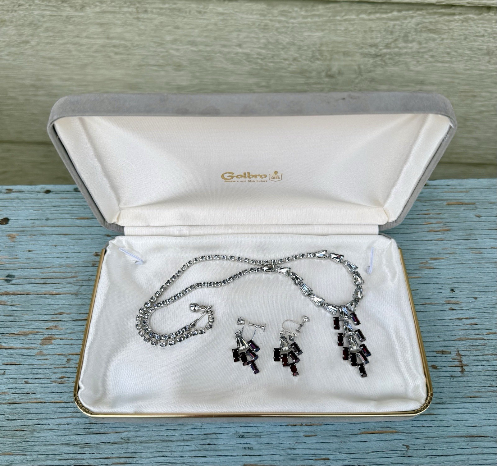 Vintage 1950’s B. David Red & Clear Rhinestone Drop Dangle Necklace & Earrings