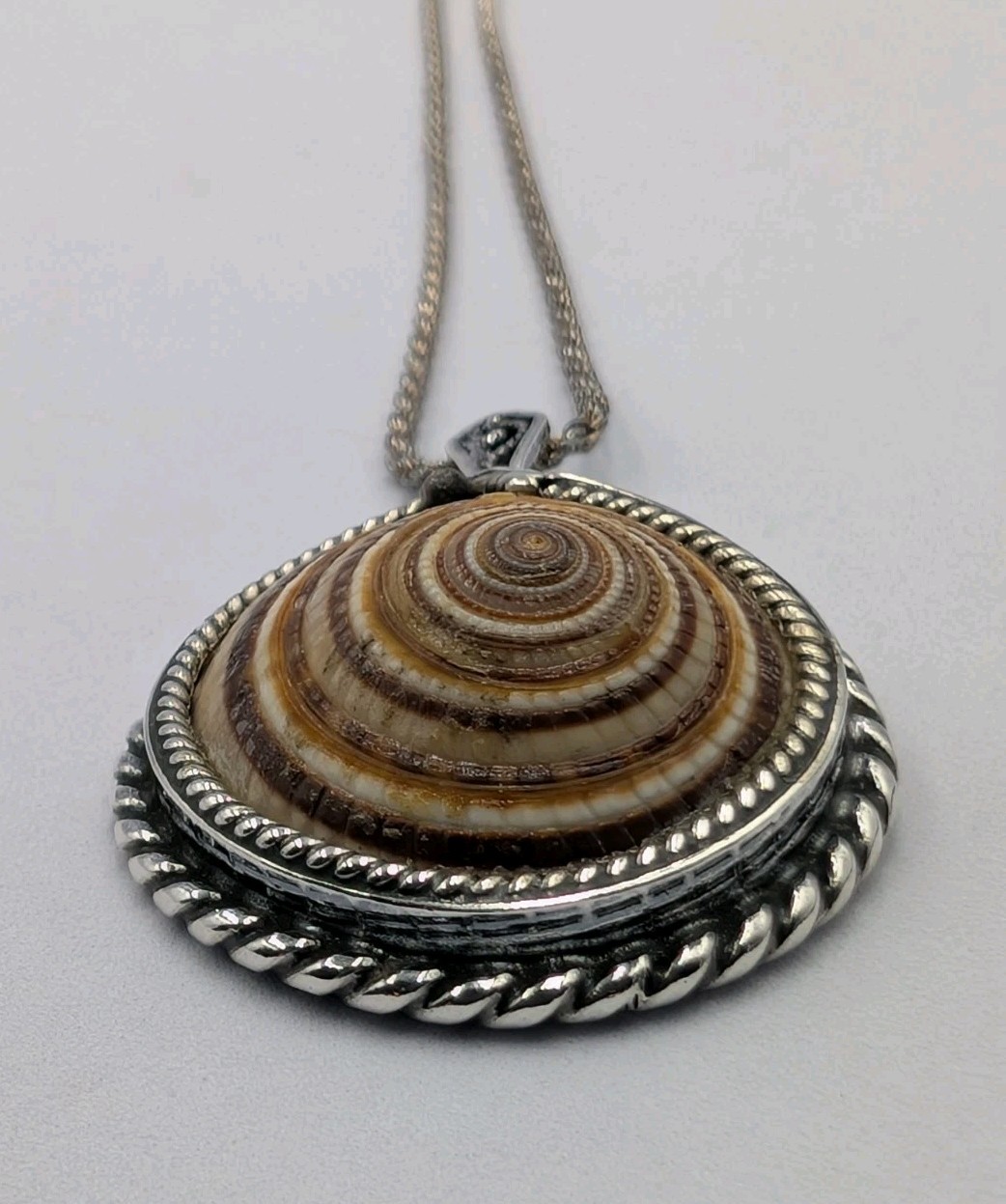 Vtg 925 Sterling Silver Sundial Seashell Pendant Necklace 18″ Italian Rope Chain