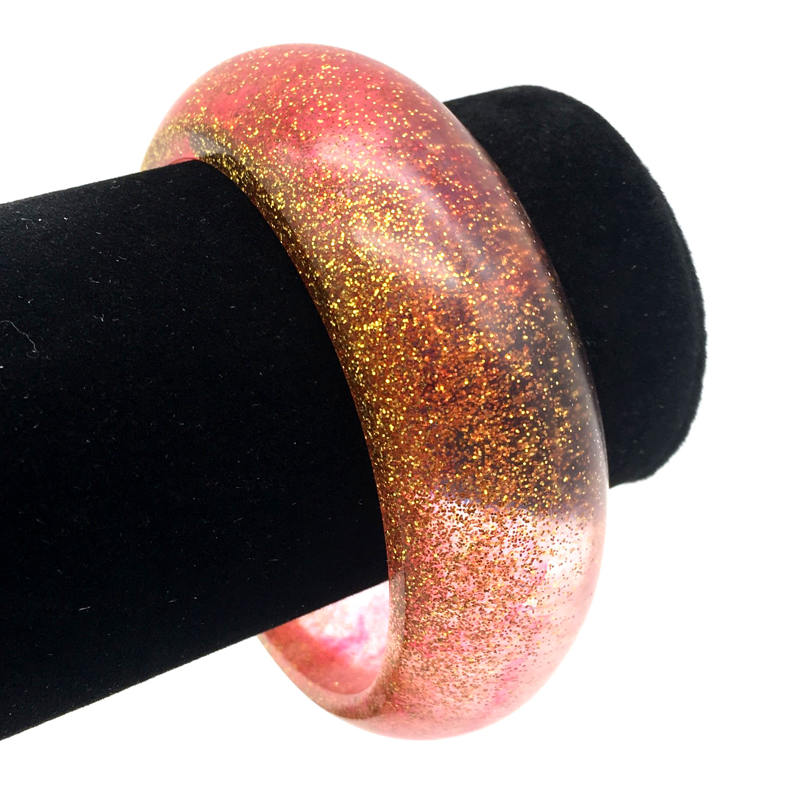 Gold Glitter Red Streaks Clear Lucite Bangle Bracelet