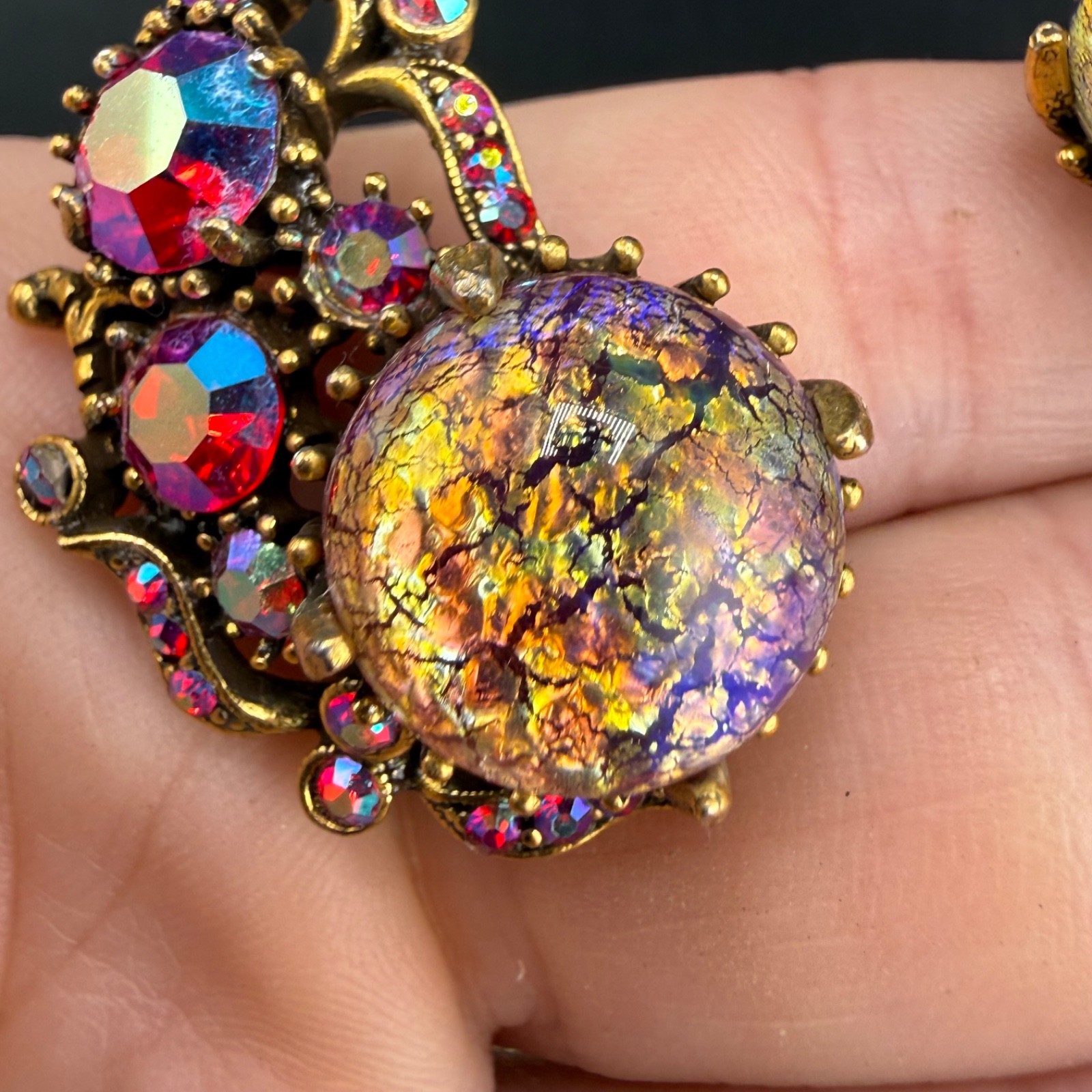 Vintage Hollycraft Rhinestone Clip On Earrings Dragon Gold Tone Pink