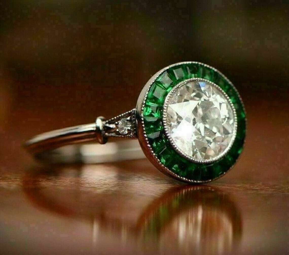 2.50ct Round Moissanite Halo Green Emerald Vintage Ring In 935 Argentium Silver