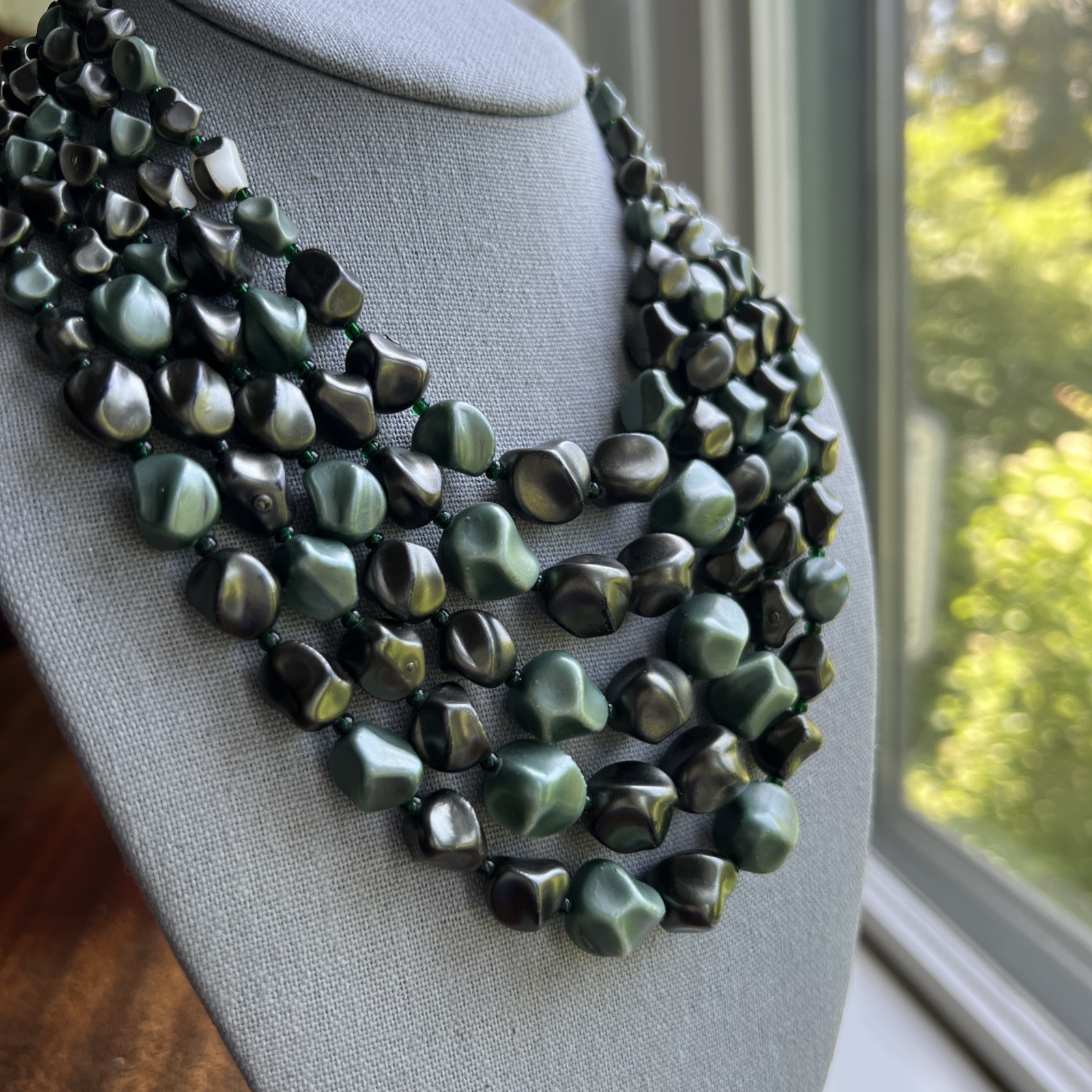 Rare Vintage 5 Strand Faux Stone Gray-Green Necklace; Beautiful!