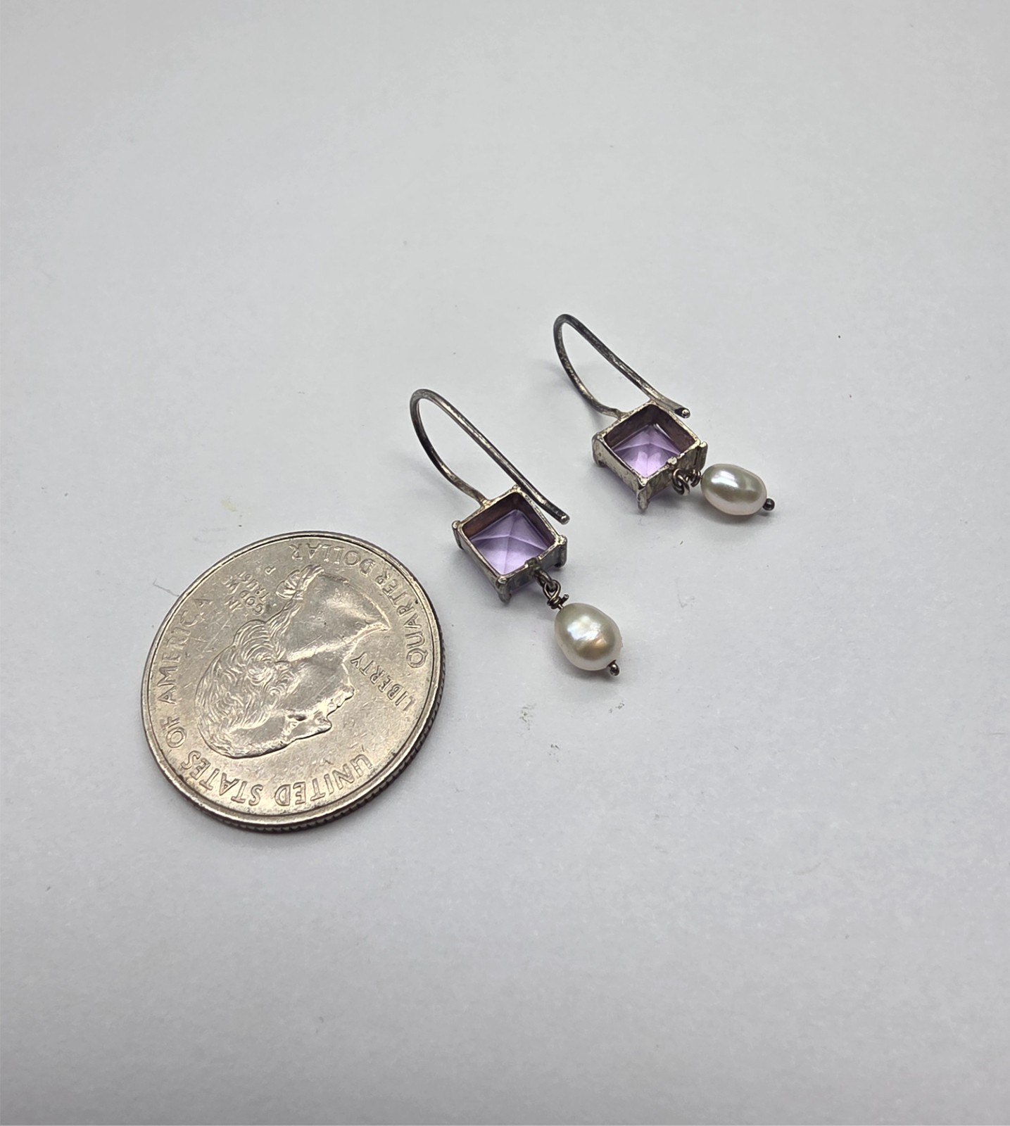 Purple Crystal Freshwater Pearl Sterling Silver Dangle Pierced Earrings Vintage