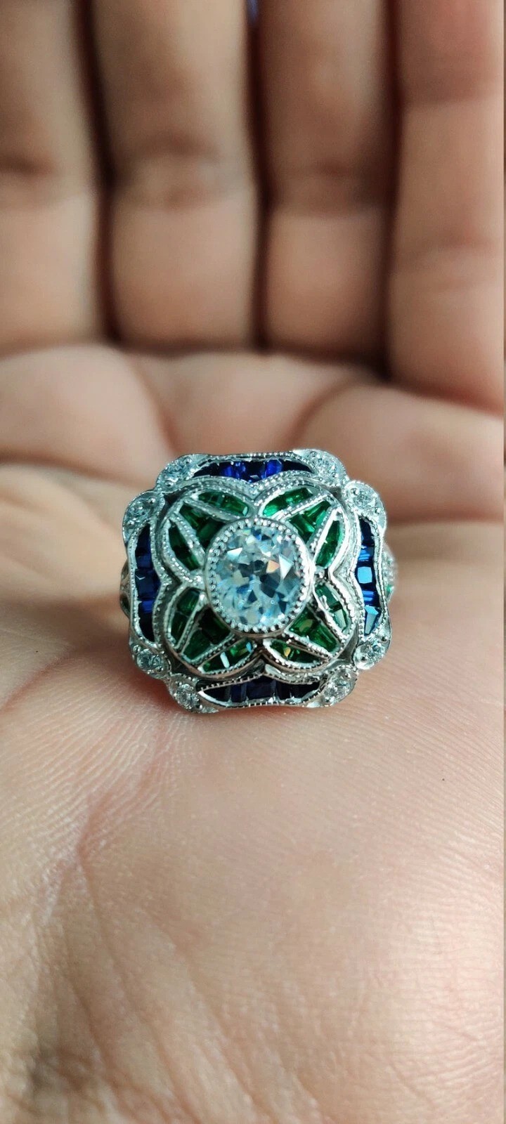 Art Deco Round Lab Created Diamond & Emerald Wedding 14Ct White Gold Finish Ring