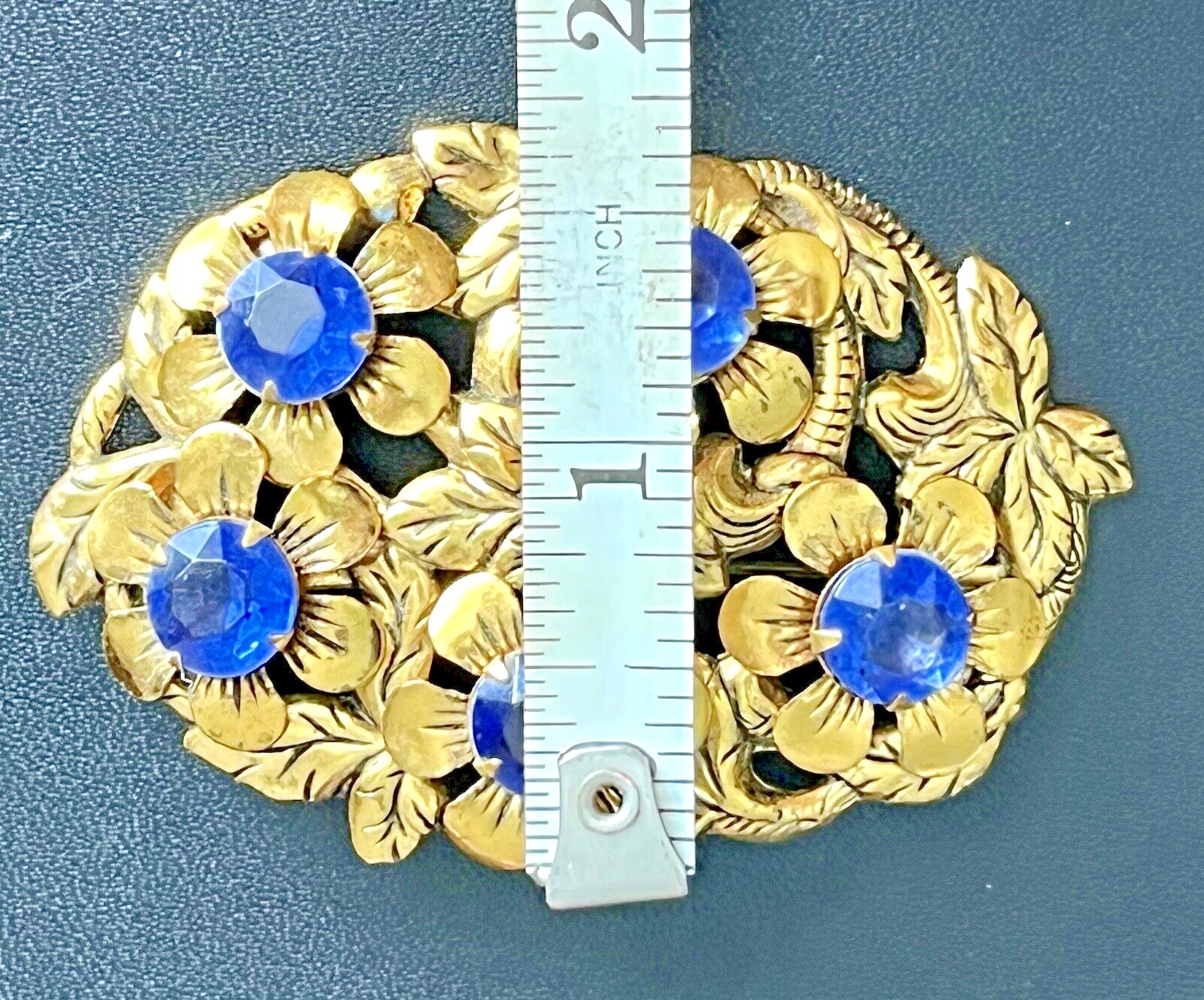 Vintage CZECH ART DECO Pin Pronged Blue Stones Gold Tone Filigree Design