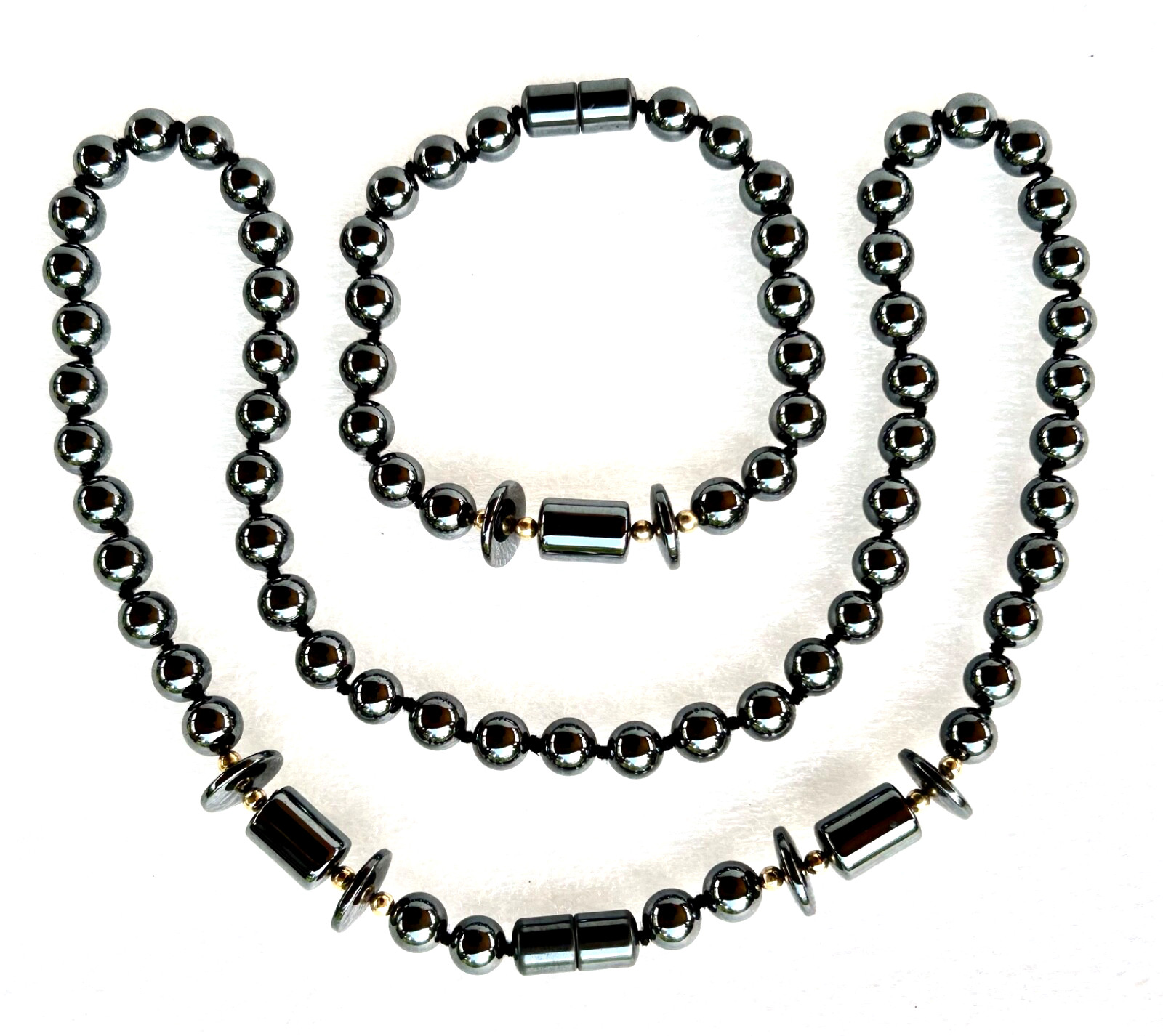 VINTAGE SET HEMATITE STONE BEADED 23″ NECKLACE & 8.25″ BRACELET – HAND KNOTTED