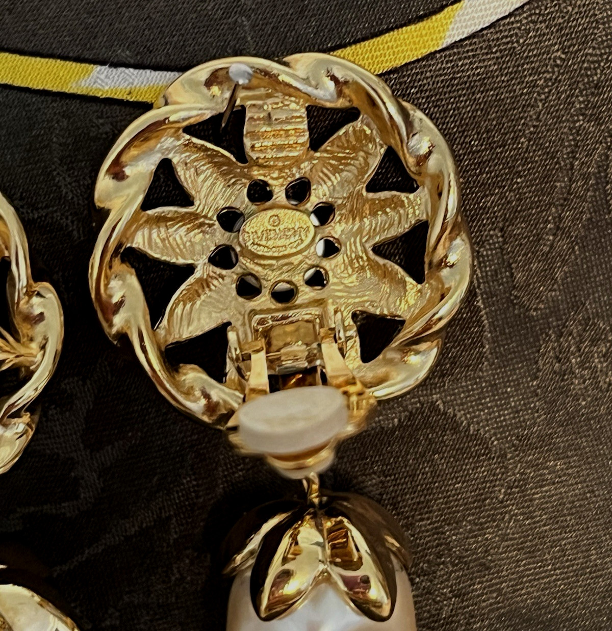 Vintage Givenchy Paris NY Earrings Golden Pearl Cabochon 2” Dangle Drop Clip On