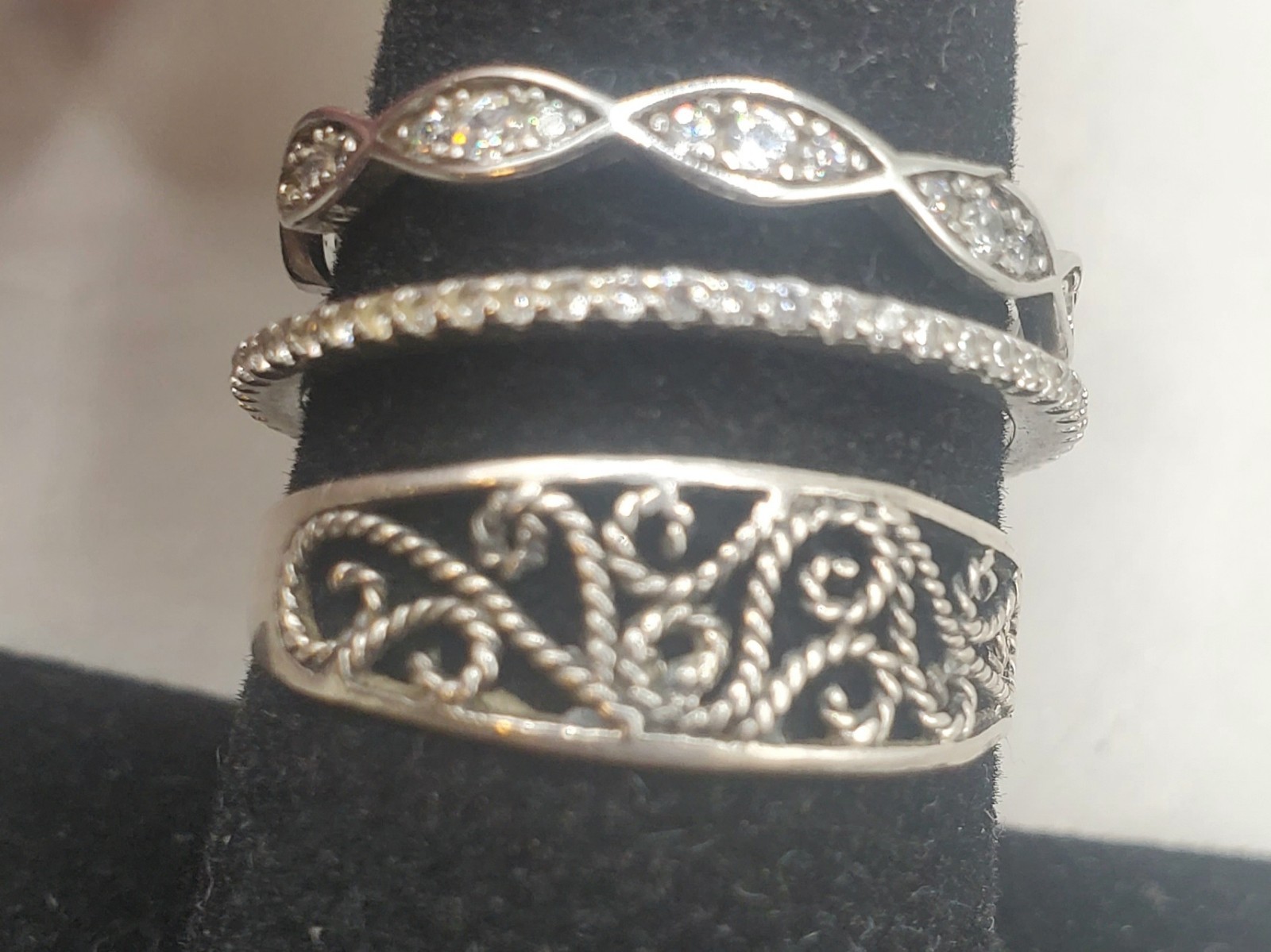 3 Sterling Silver Rings Sz 8: Filigree Lace + 2 Cz Bands – 1 Missing 3 Tiny Cz’s