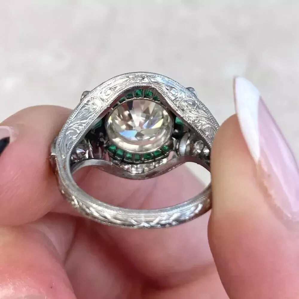 Art Deco Style Round Lab Created Diamond Emerald 14K White Gold FN Wedding Ring