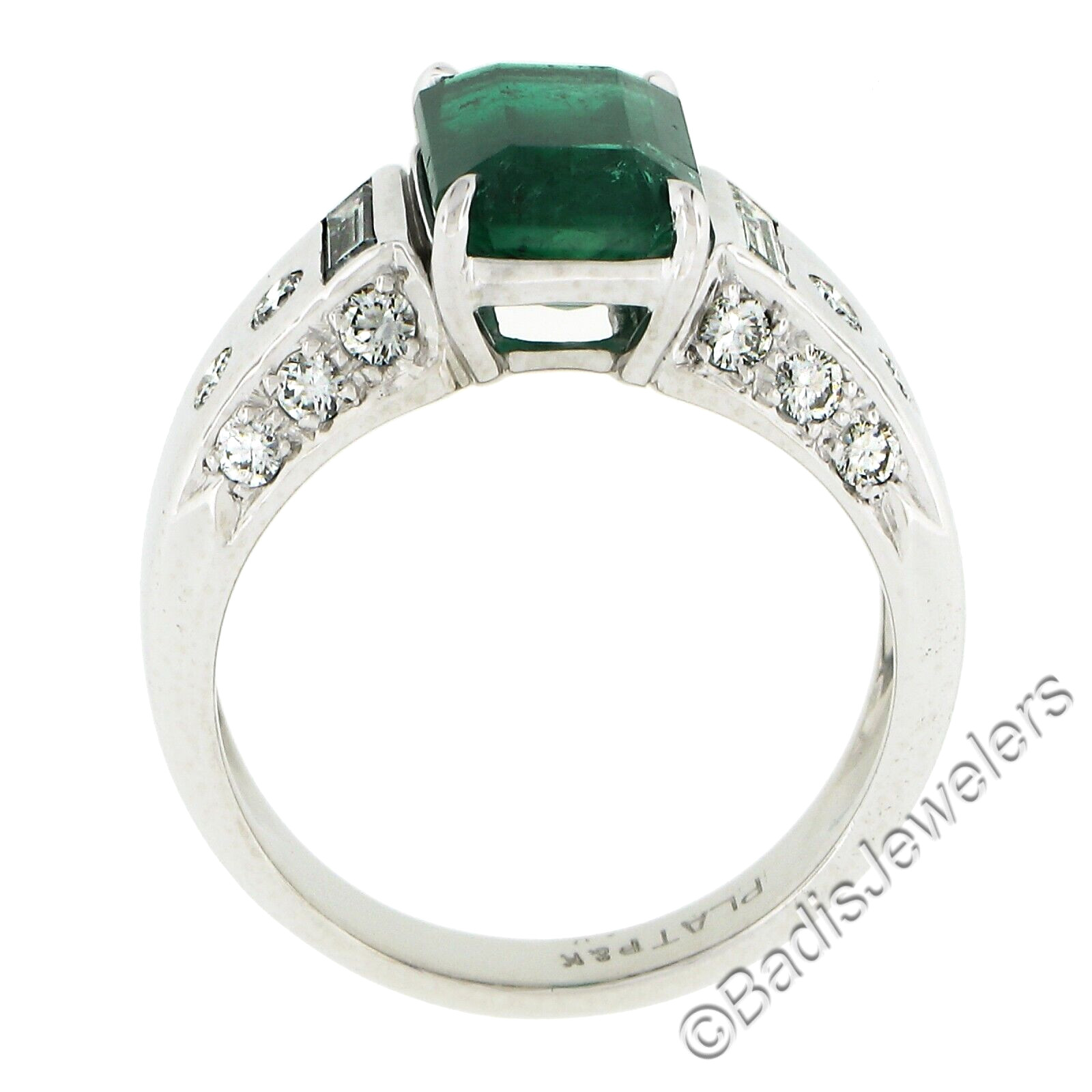 Platinum 3.67ctw GIA Octagonal Green Emerald w/ Baguette & Round Diamond Ring