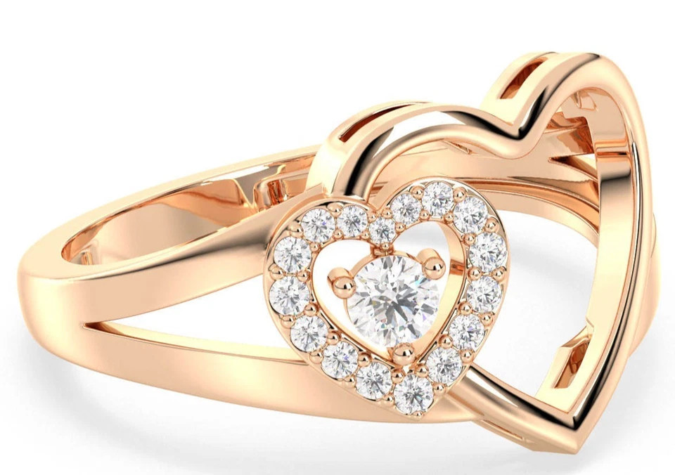 0.20TCW Round Cut White Moissanite Two Heart Shaped Ring Pure 10K Yellow Gold FN