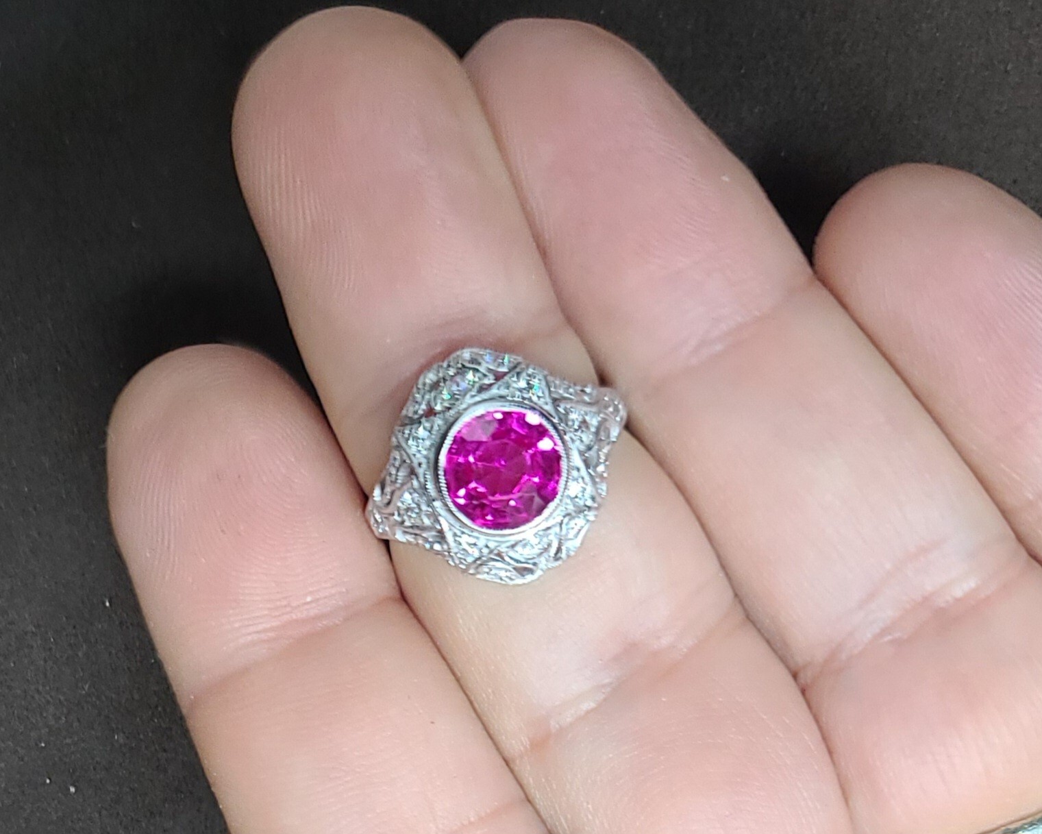 Vintage 14k White Gold Engagement Ring 2.92CT. Gem Pink Sapphire Round Cut
