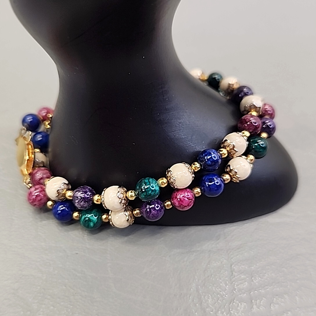 Glass Beaded Bracelet Lot of 2 Multicolor Green Blue Purple 8″