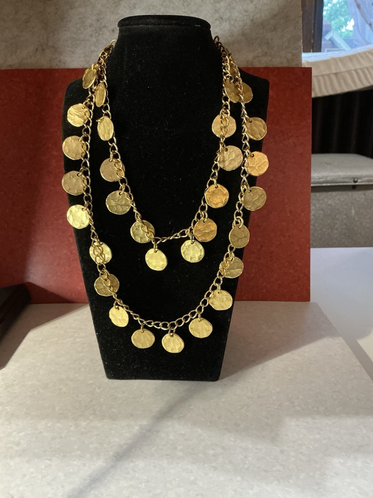 Vintage Kenneth Jay Lane Satin Gold Hammered Coins Discs Necklace 36″ Long 1980s