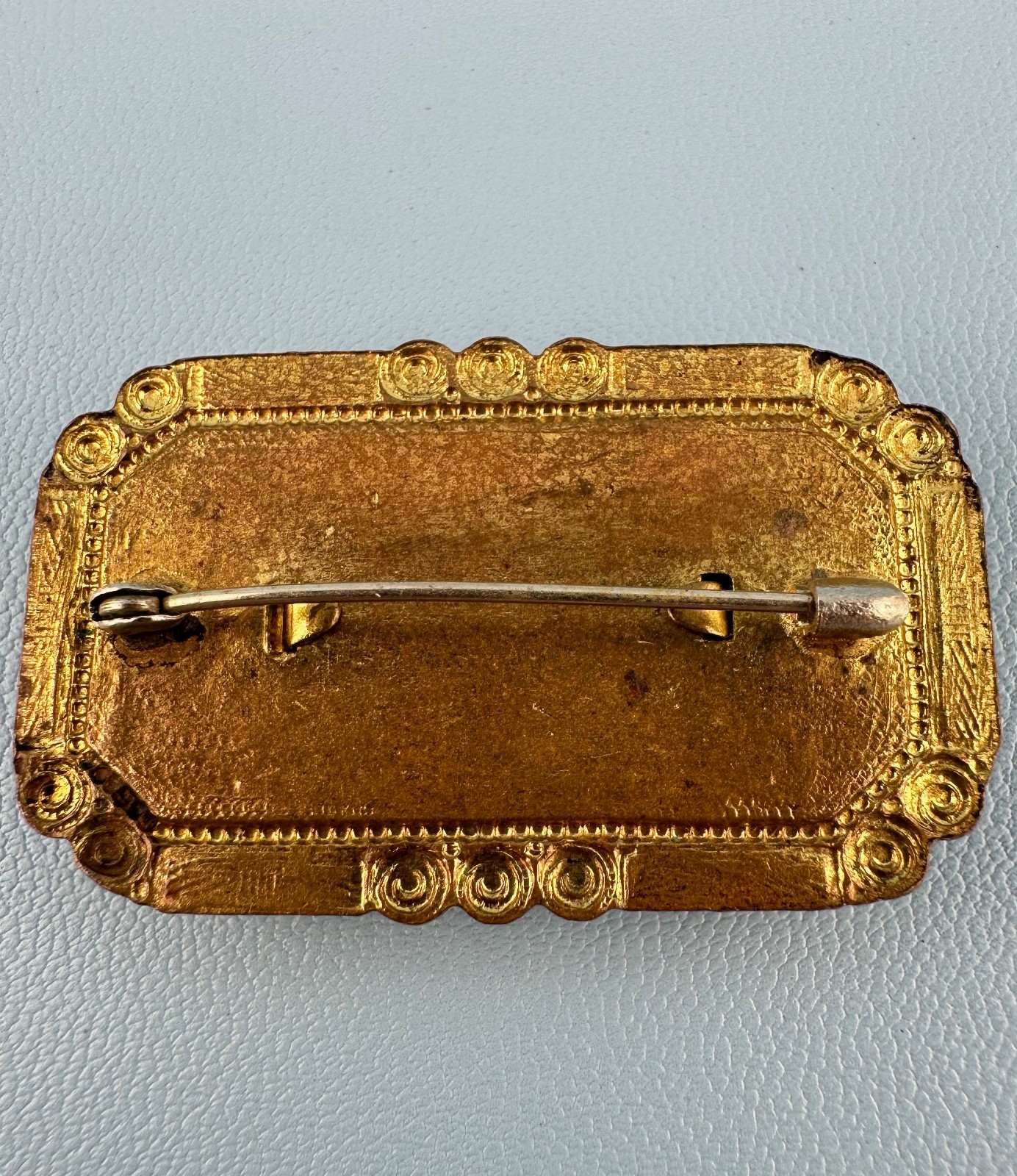 Vintage Art Deco Brooch Rectangular Red Yellow Enamel Ornate Spiral Frame