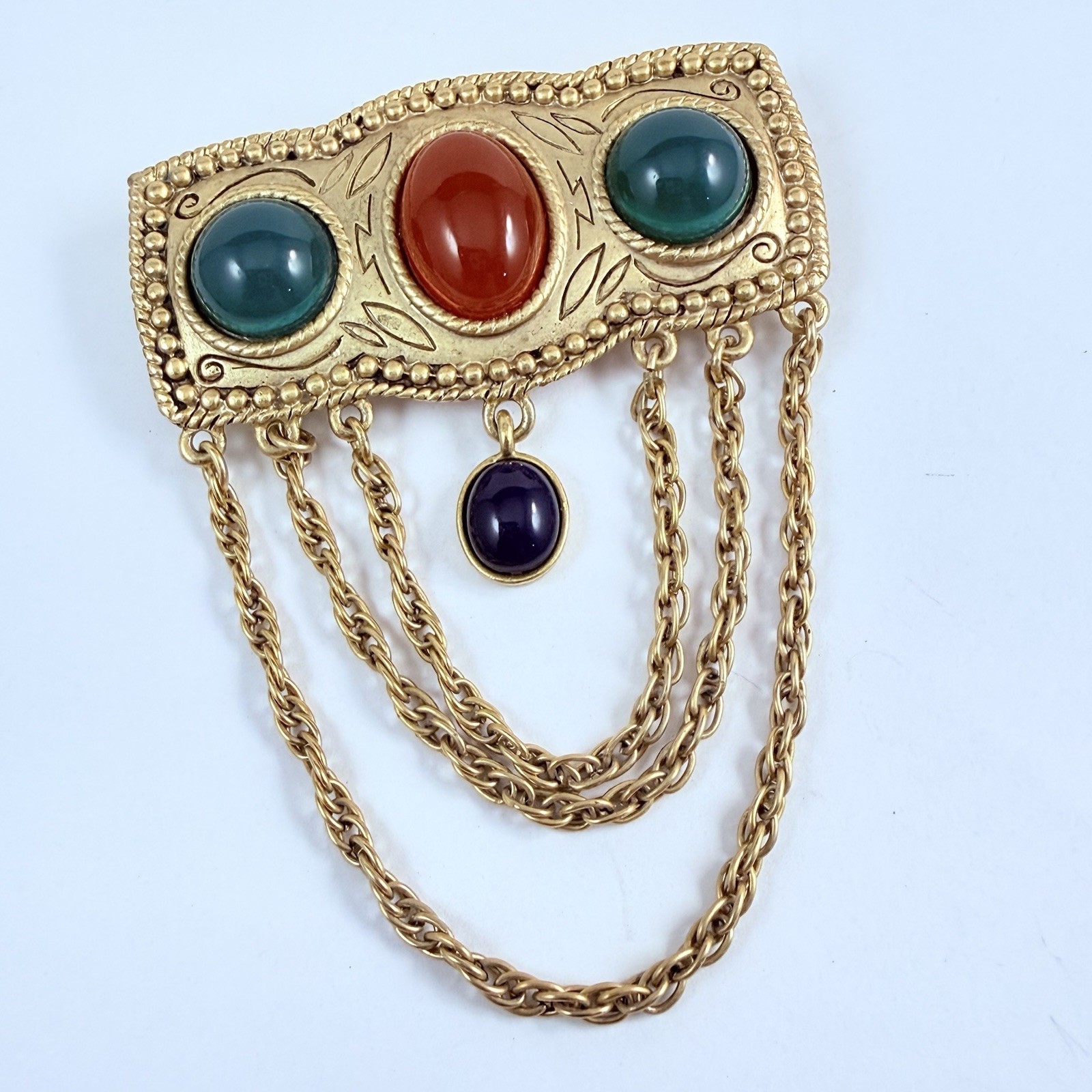 Vintage Faux Carnelian Jade Lucite Cabochons Gold Tone Brooch Costume Jewelry