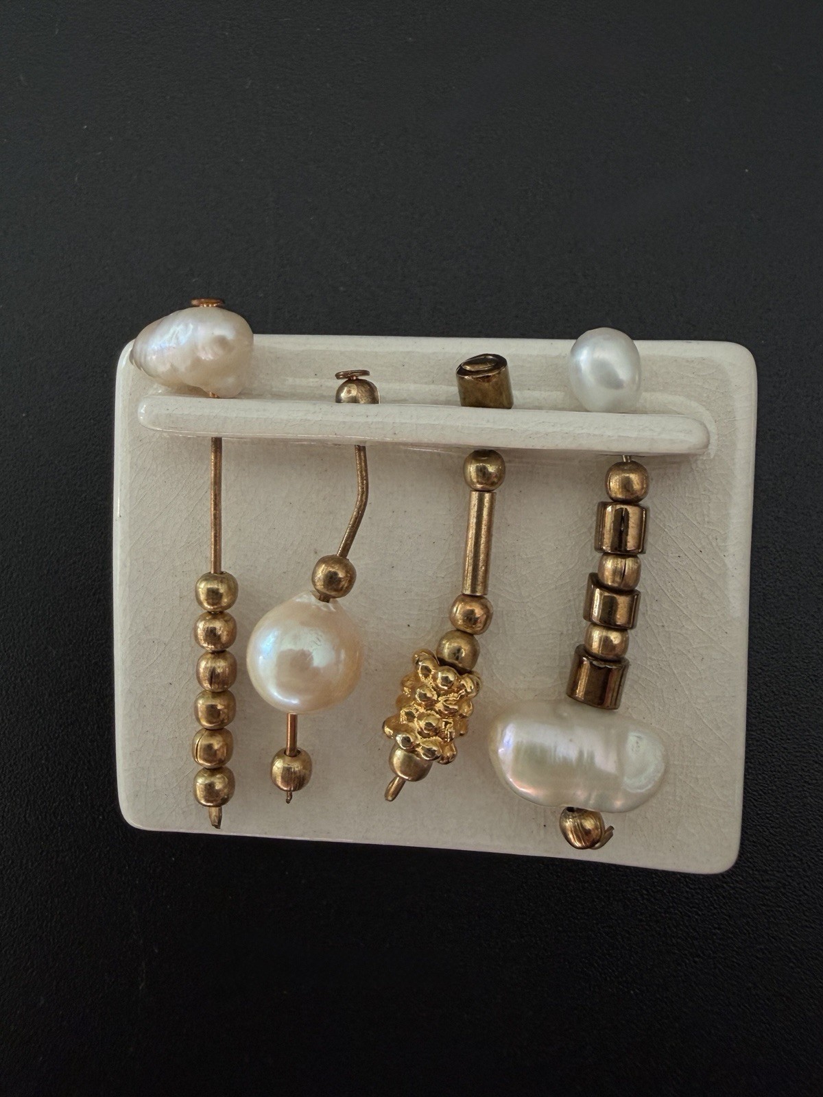 Artisan Ceramic Brooch with Dangling Freshwater Baroque Pearls Gold Beads Vtg