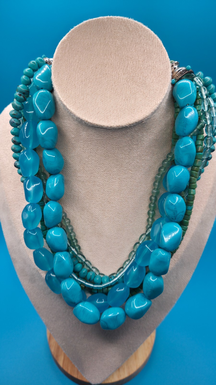 Vintage Turquoise Blue Beads Multi Strand Beaded Statement Necklace 8.5″ Chunky