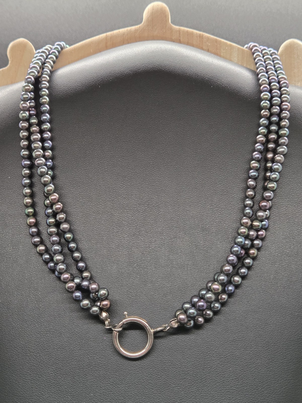 Vtg 3 Strand Purple Dark Grey Opalescent Pearl Necklace Sterling Silver Clasp 24