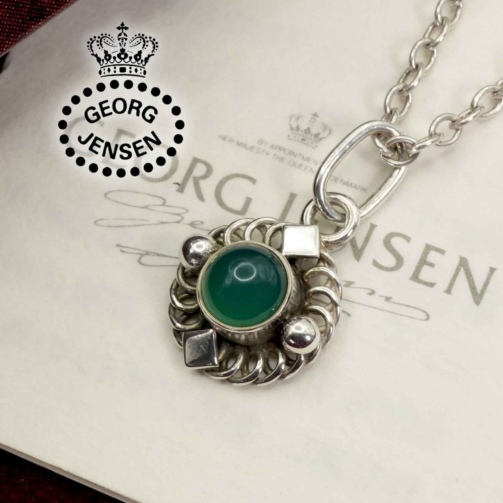 Georg Jensen No.38 Necklace Silver 925 Green Chalcedony Pendant Vintage Denmark