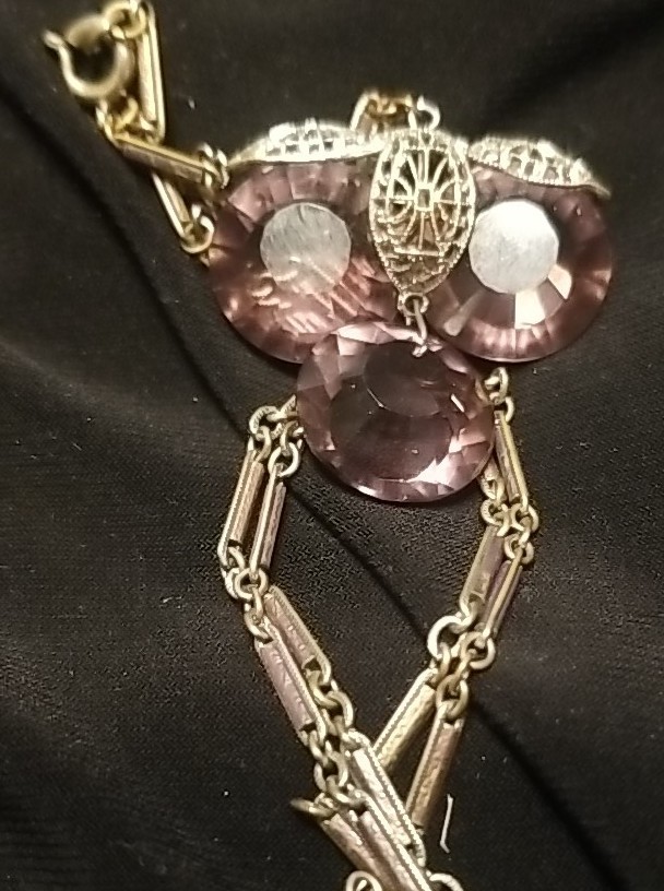 Art Deco Necklace, Purple Paste Glass, Silver & Brass Filigree, 18 Inch Chain