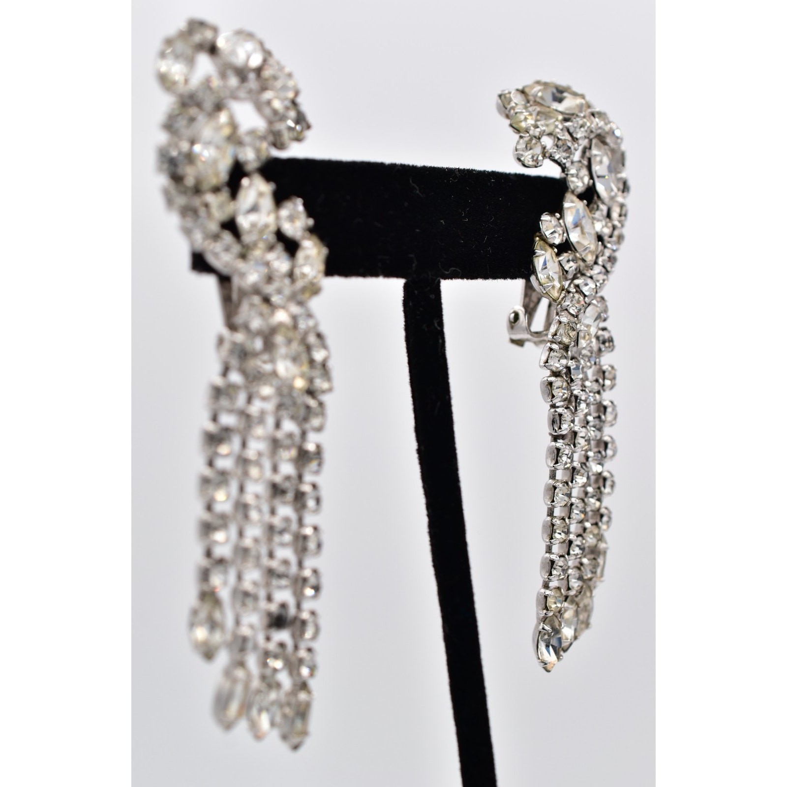 Vintage Crystal Climber Fringe Clip On Earrings Rhinestone Dangle Tassel BinAZ
