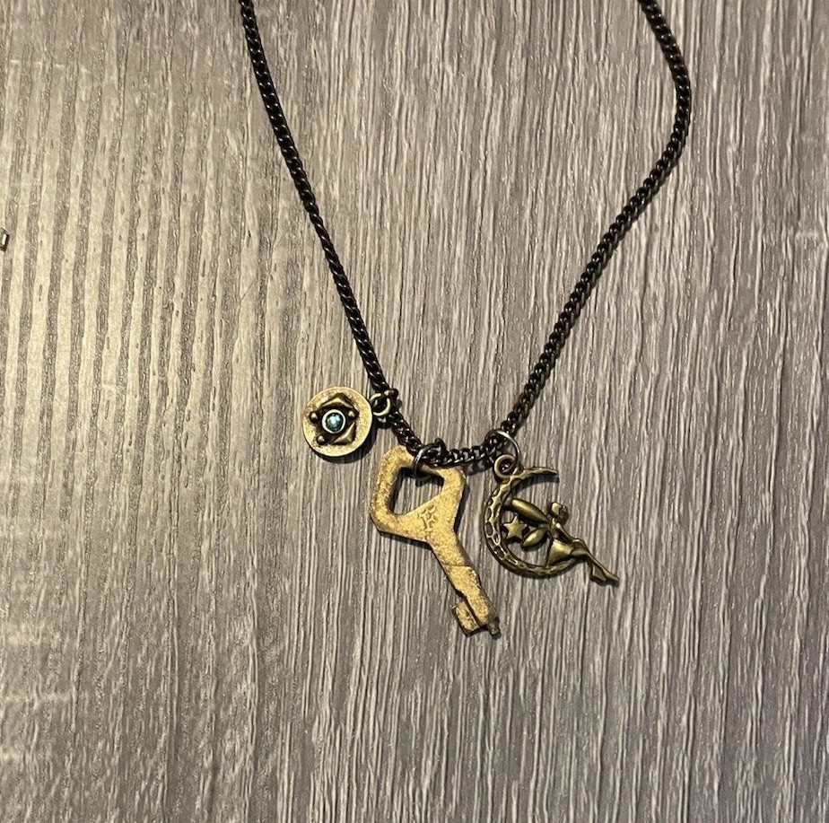 Copper Tone OOAK Vintage Key Pendant & Fairy Charm and Key Necklace Long Chain