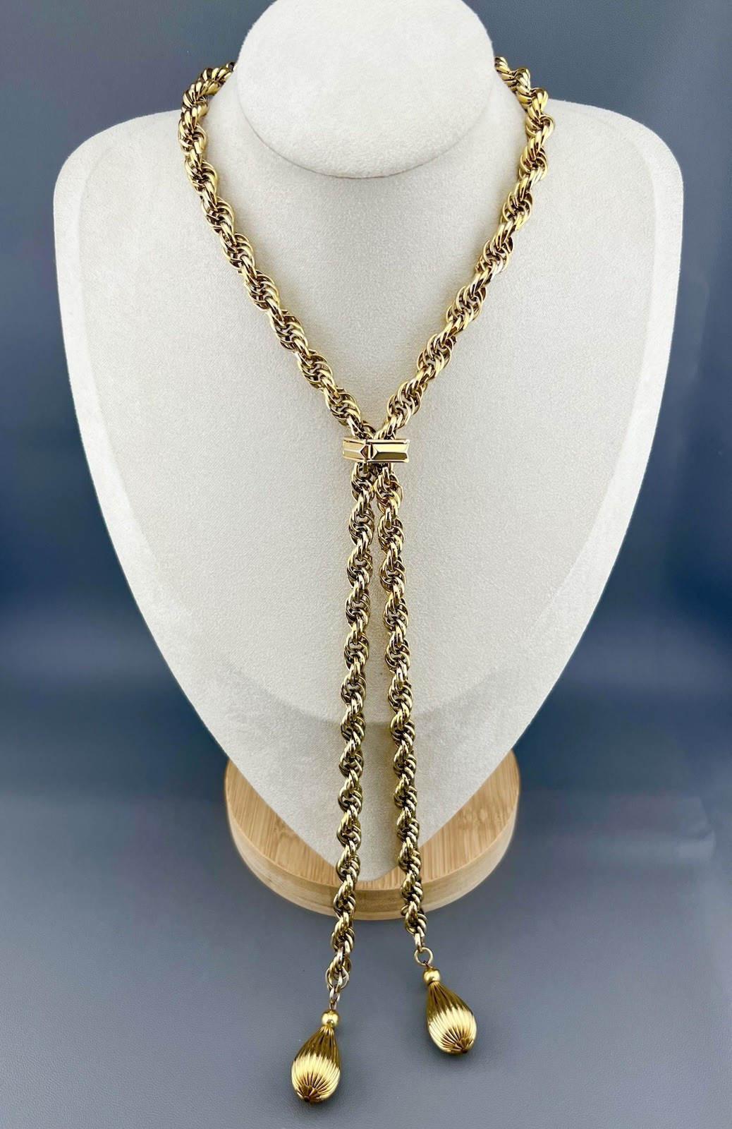 Vintage Bolo Necklace Chunky Rope Chain Tassel Drop Gold Tone 25”