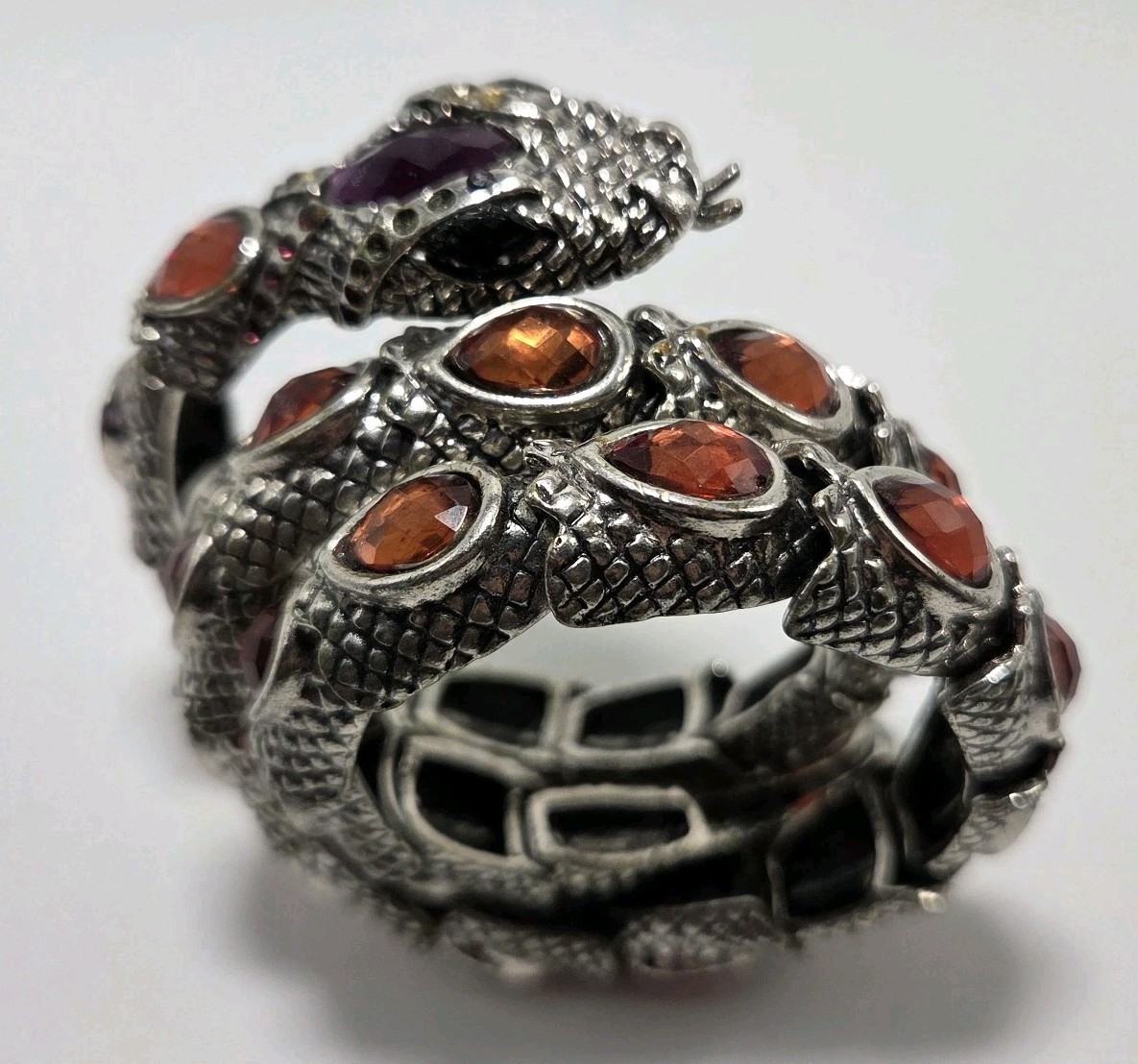 Vtg Silver Tone Snake Coil Wrap Bracelet Purple Red Rhinestones Egyptian Revival