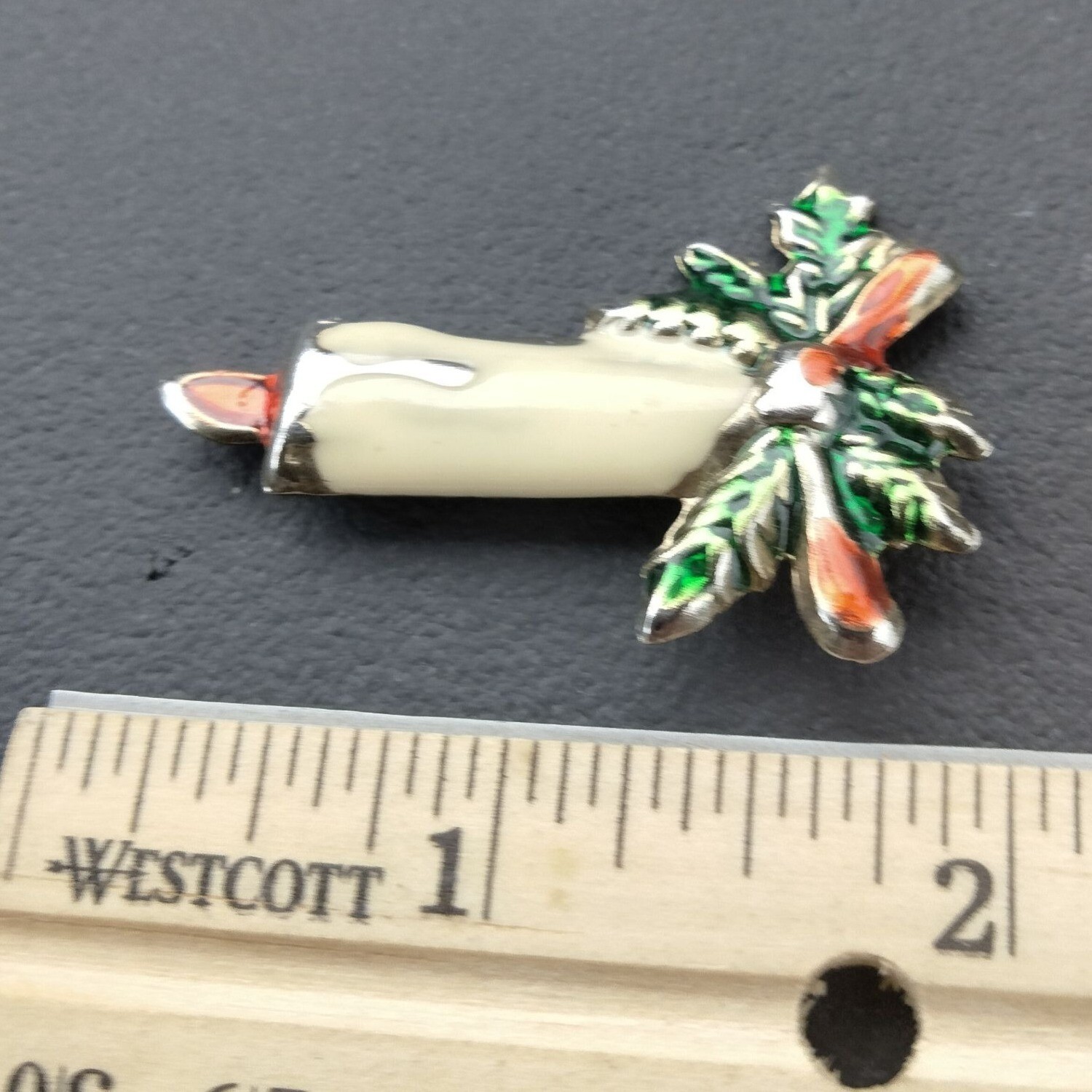 Christmas Candle Pin Brooch Vintage Holiday Jewelry Pine Bow Ribbon Metal Enamel