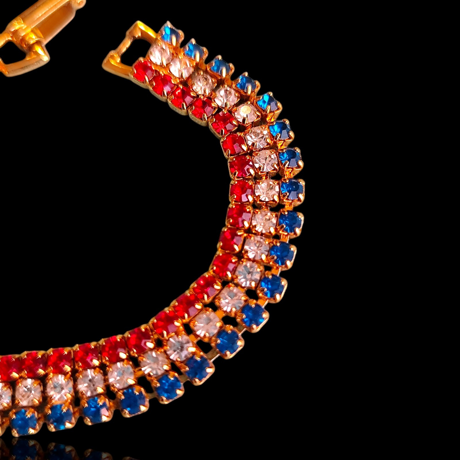Gold Tone Red White & Blue Patriotic American Celebration Rhinestone Bracelet