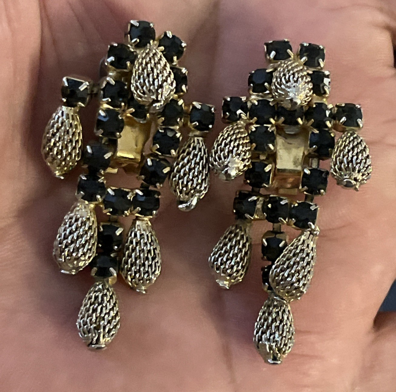 Vintage Signed HOBE Gold & Silver Plate Dangle Black Colored Rhinestone Earrings