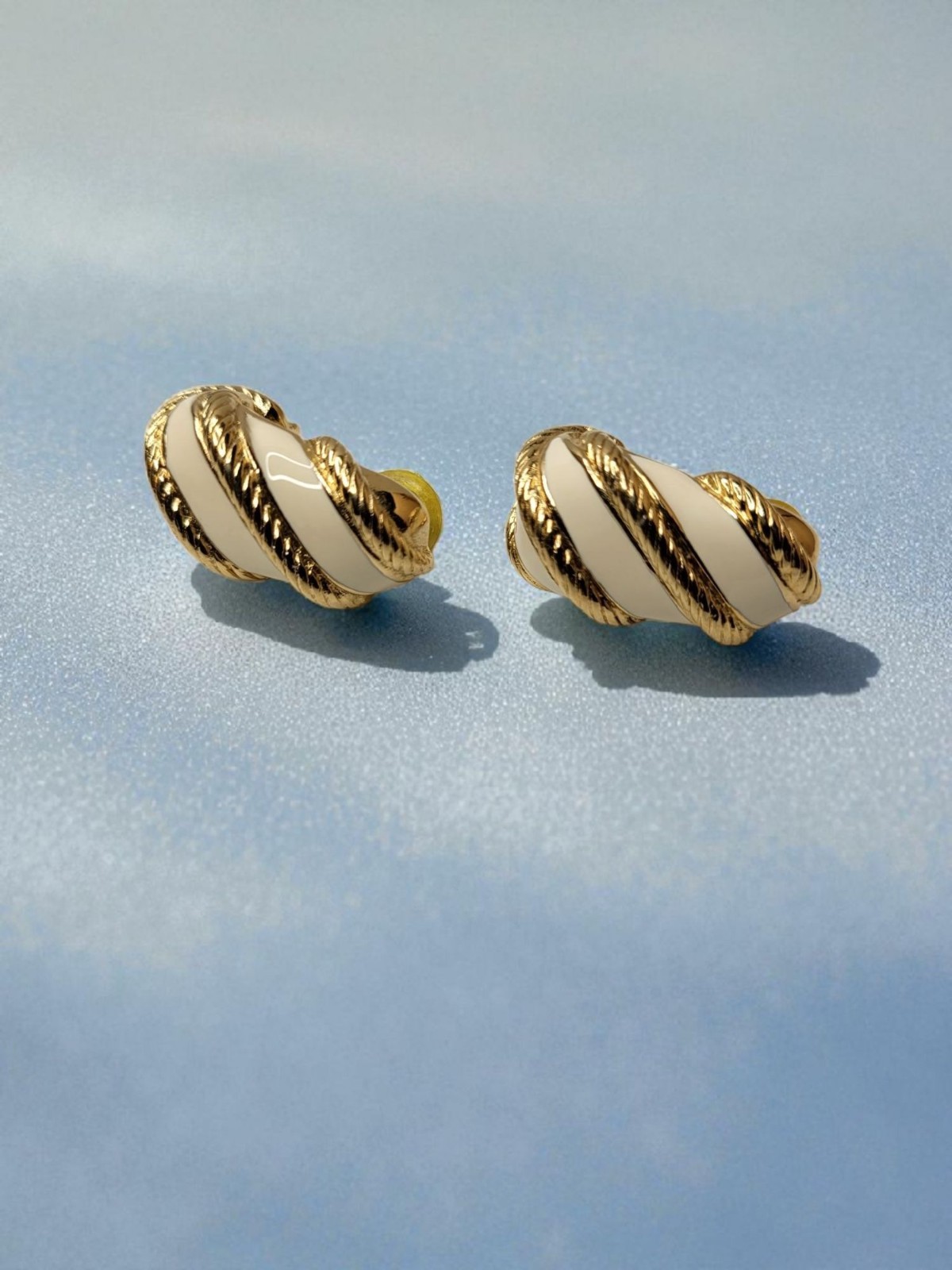 Vintage 80s-90s Signed Robert Manse Gold-tone White Enamel Twisted Rope Earrings