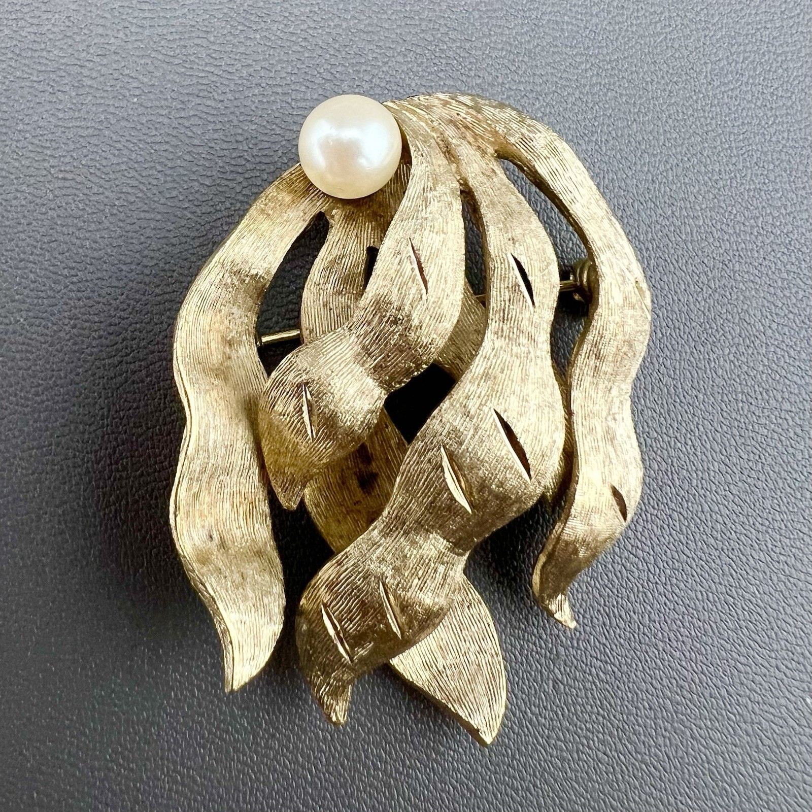 Vintage BSK Brooch Lot Leaf Feather Seaweed Faux Pearl Brushed Gold Tone Signed