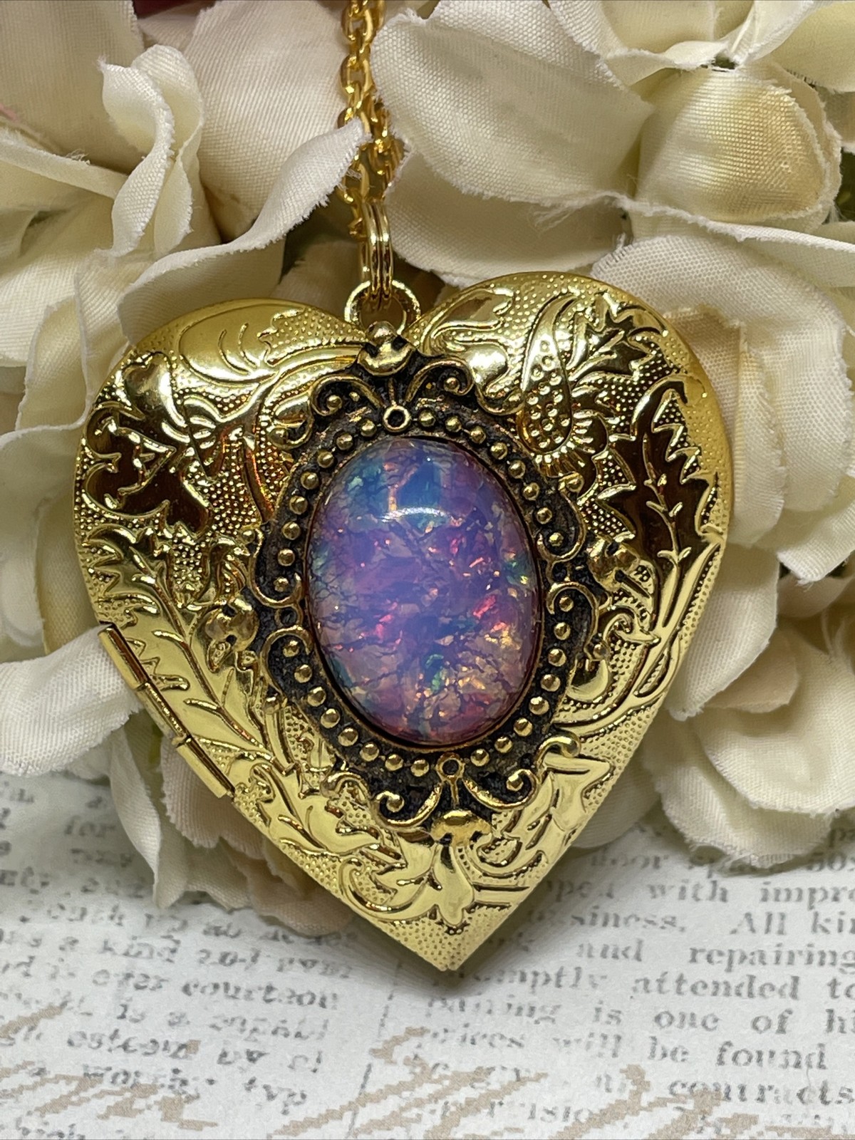 Gold Heart Locket Photo Harlequin Opal New Birthday Anniversary Wedding Necklace