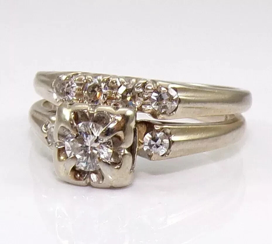 Vintage Art Deco Style Lab Created Diamond Bridal Ring Set 14k Yellow Gold FN