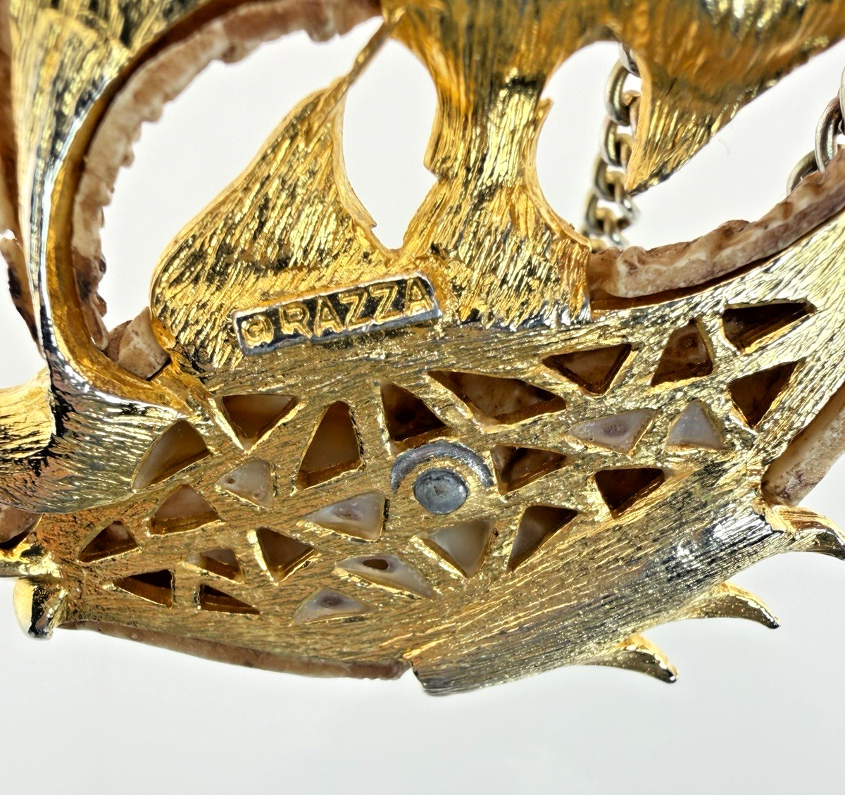 Vintage Razza Double Fish Necklace Carved Resin Faux Bone Gold Tone Large Pisces
