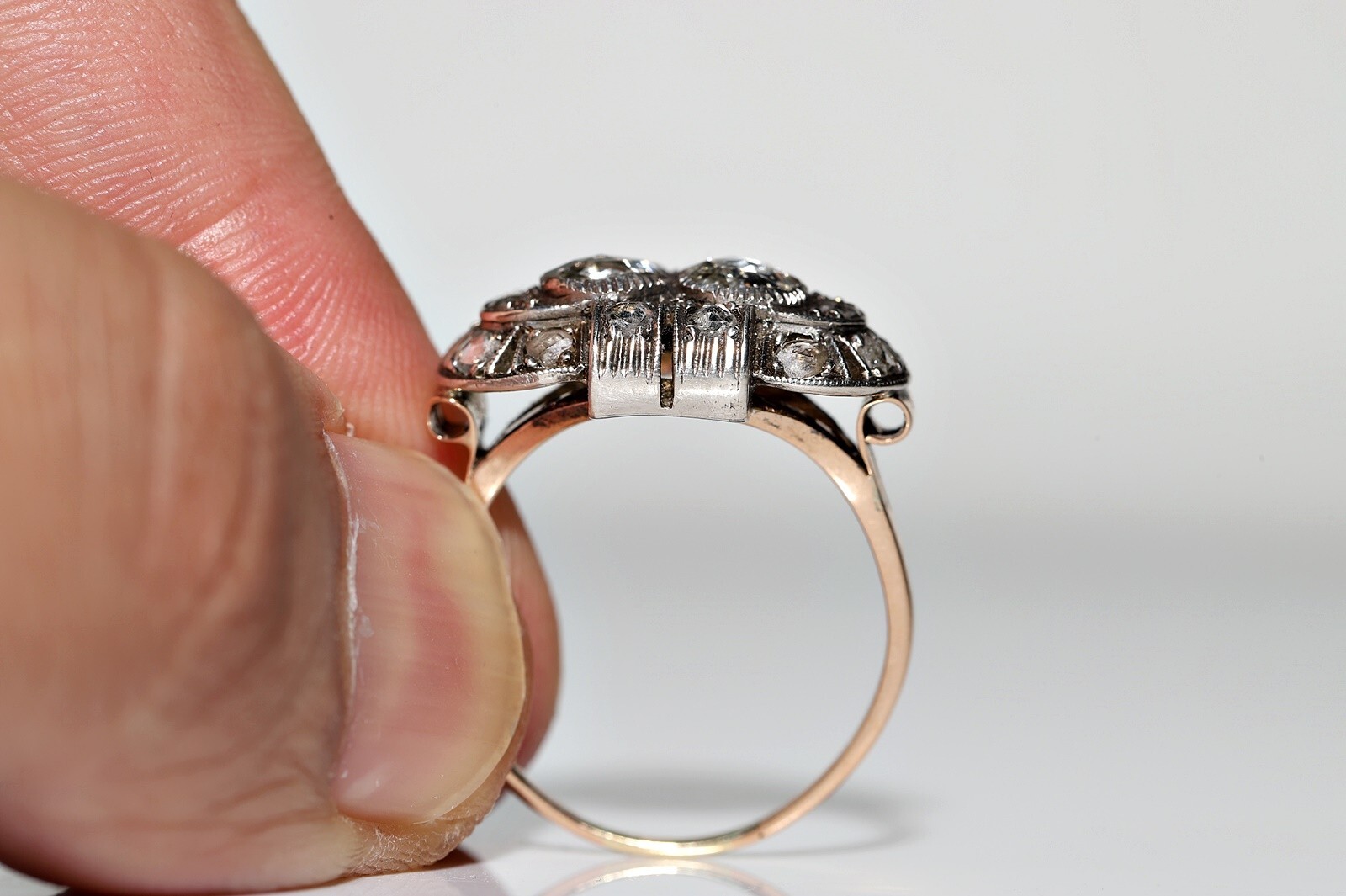 Antique Circa 1900s 14k Gold Top Silver Natural Rose Cut Diamond Decorated Ring