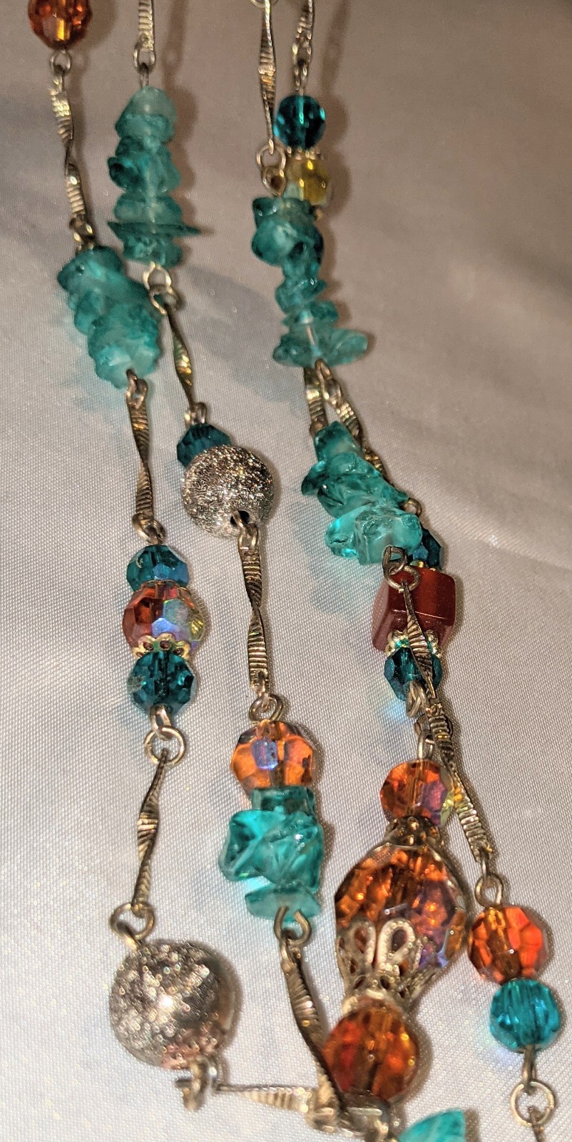 Vintage Bohemian Ethnic Long Necklace and Earrings Set AB Glass Beads Gold Tone