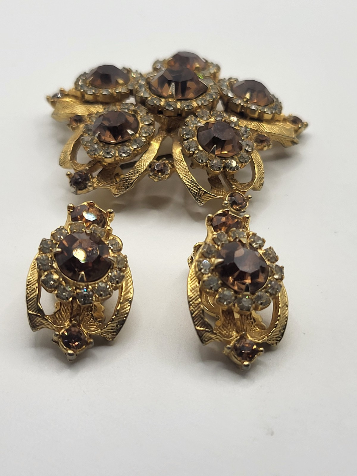 2-Pc Edlee Champagne & Ice Rhinestone Crystal Vintage Pin Brooch & Earrings Set