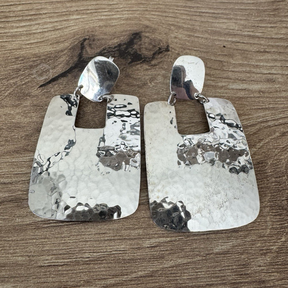Vintage 925 Sterling Silver Hammered Rectangle Dangle Drop Earrings Signed