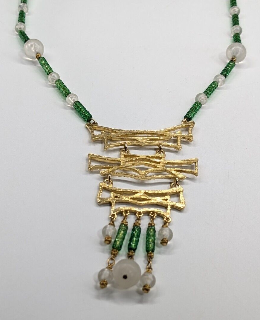 Vintage Chunky Huge Textured Gold Tone Pendant Faux Jade Asian Beaded Necklace