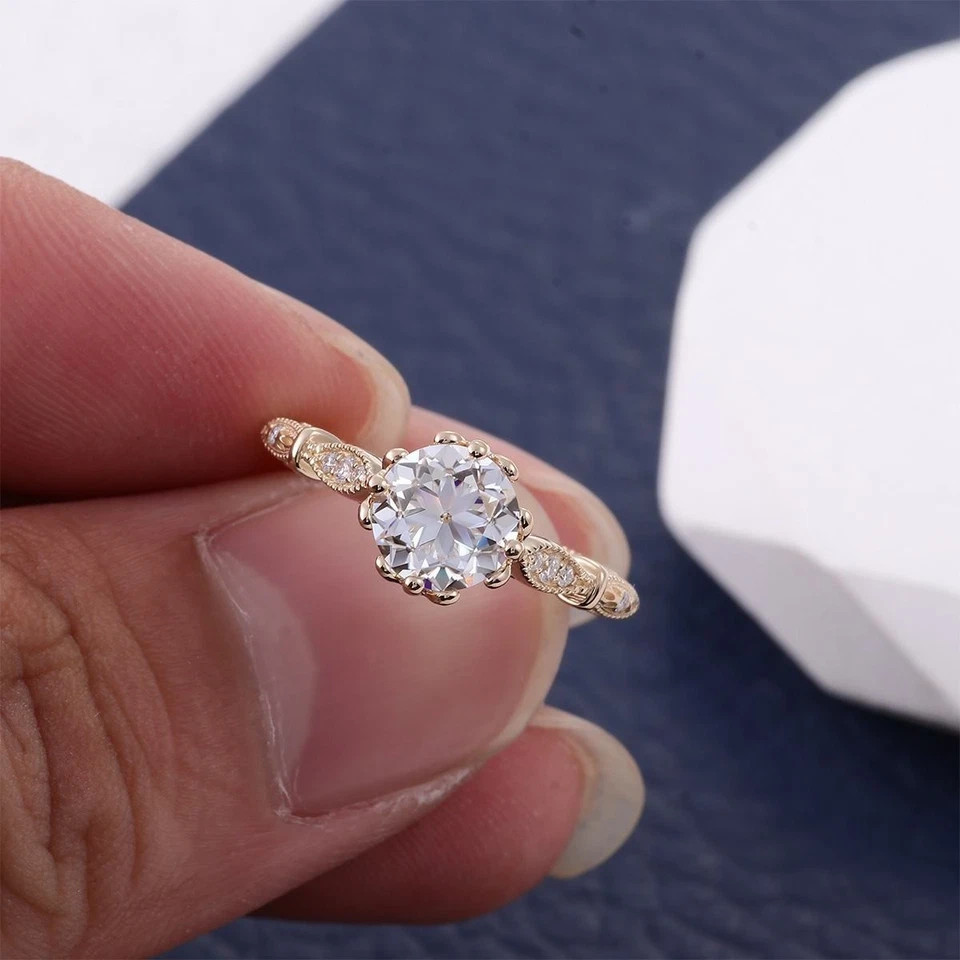 Filigree Style 1.15CT Round Cut White Moissanite & 10K Yellow Gold FN Women Ring
