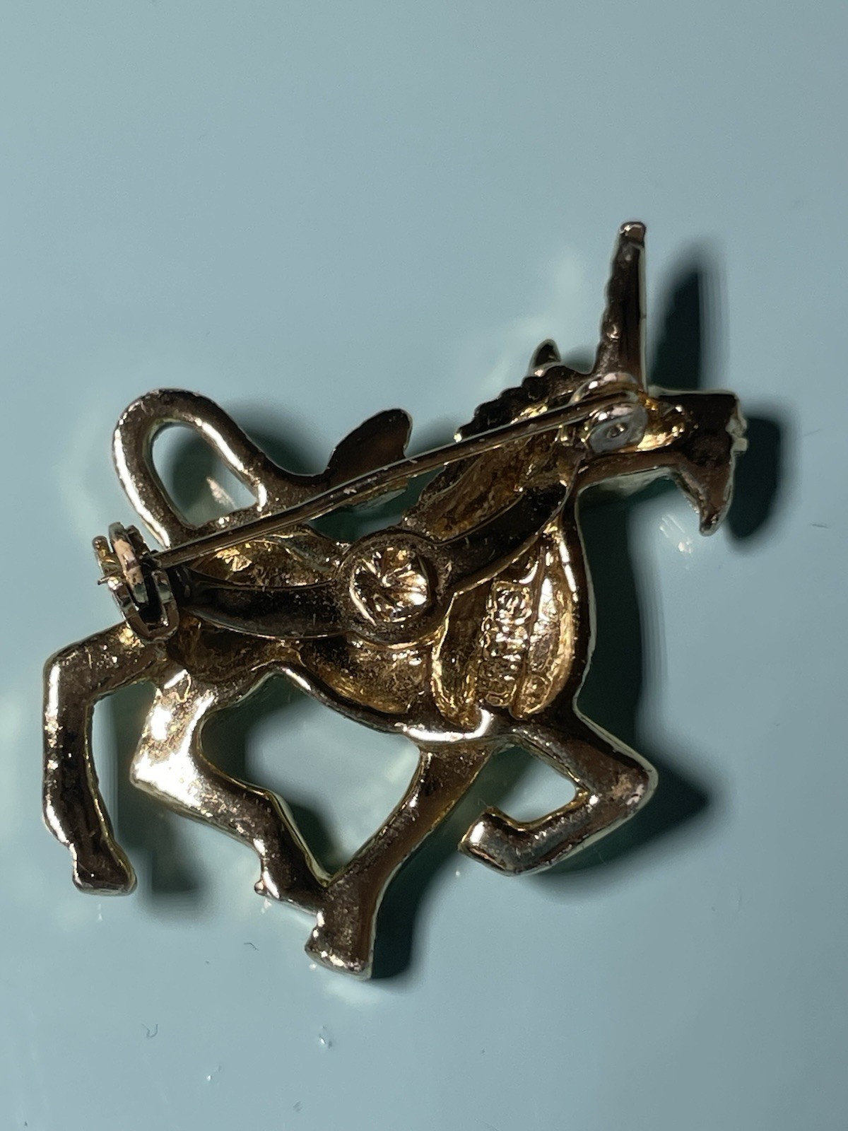 Vintage Gold Tone Unicorn Brooch Fantasy Mythical Creature Rhinestone Accent Pin