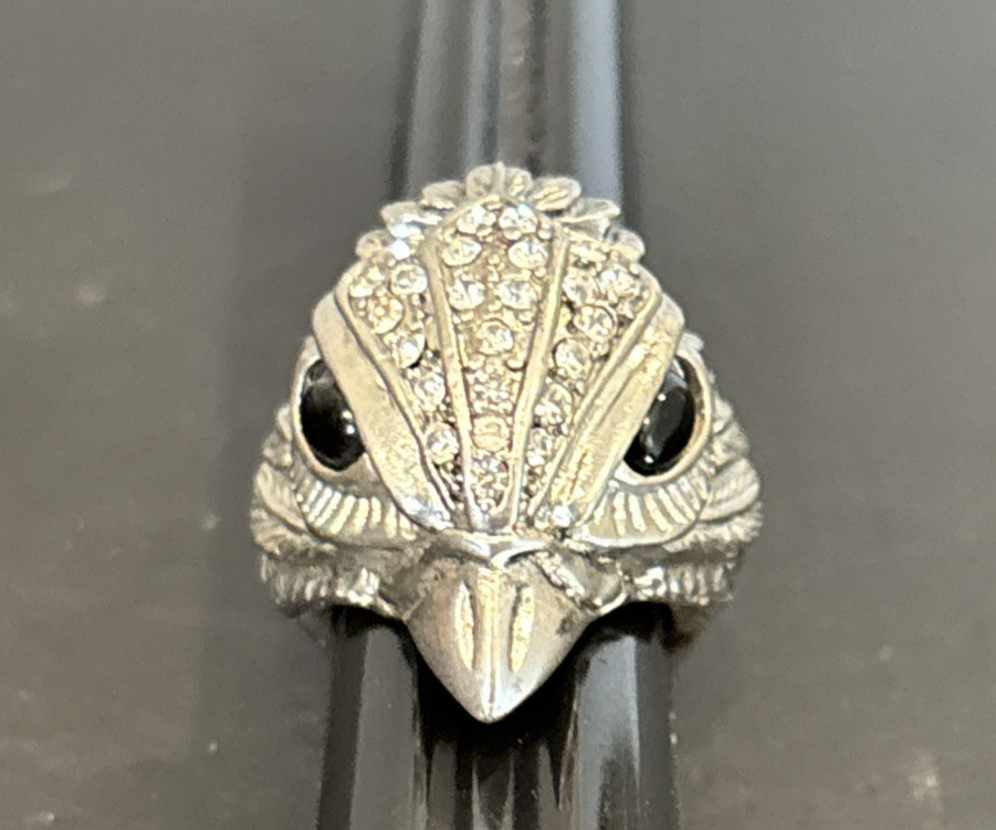 Silver Tone Statement Bird Head Ring Clear Rhinestones Faux Onyx Eyes Size 6.5
