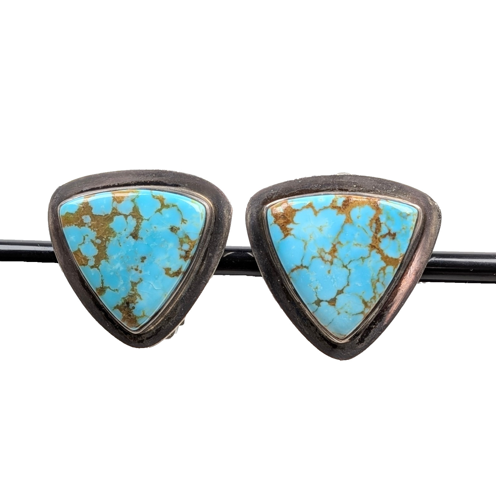 Vintage Turquoise Silver Earrings Triangle Geometric Sterling Bevel Set Clip On