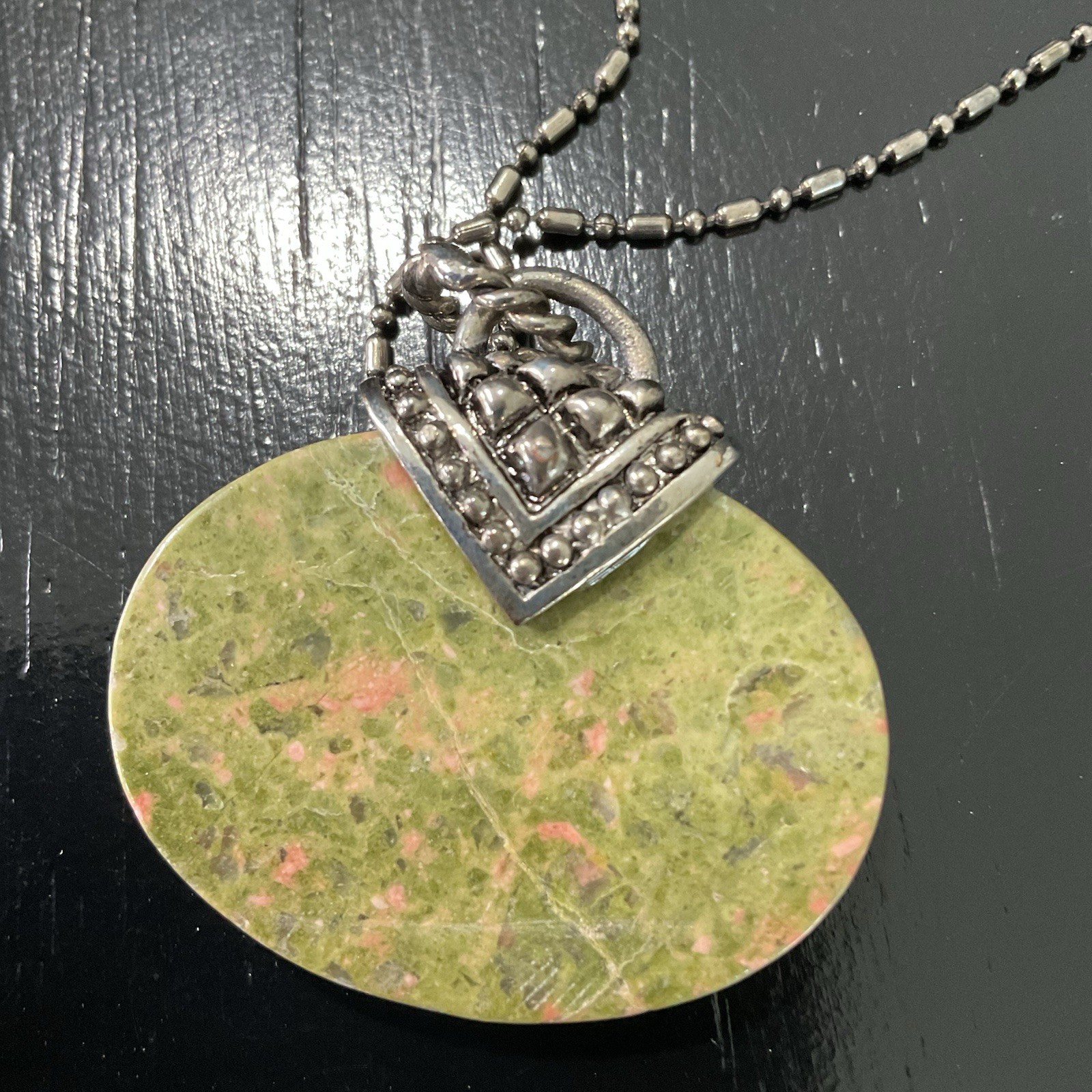 Vintage Unakite Jasper Pendant Necklace Silver Tone 22in 30g